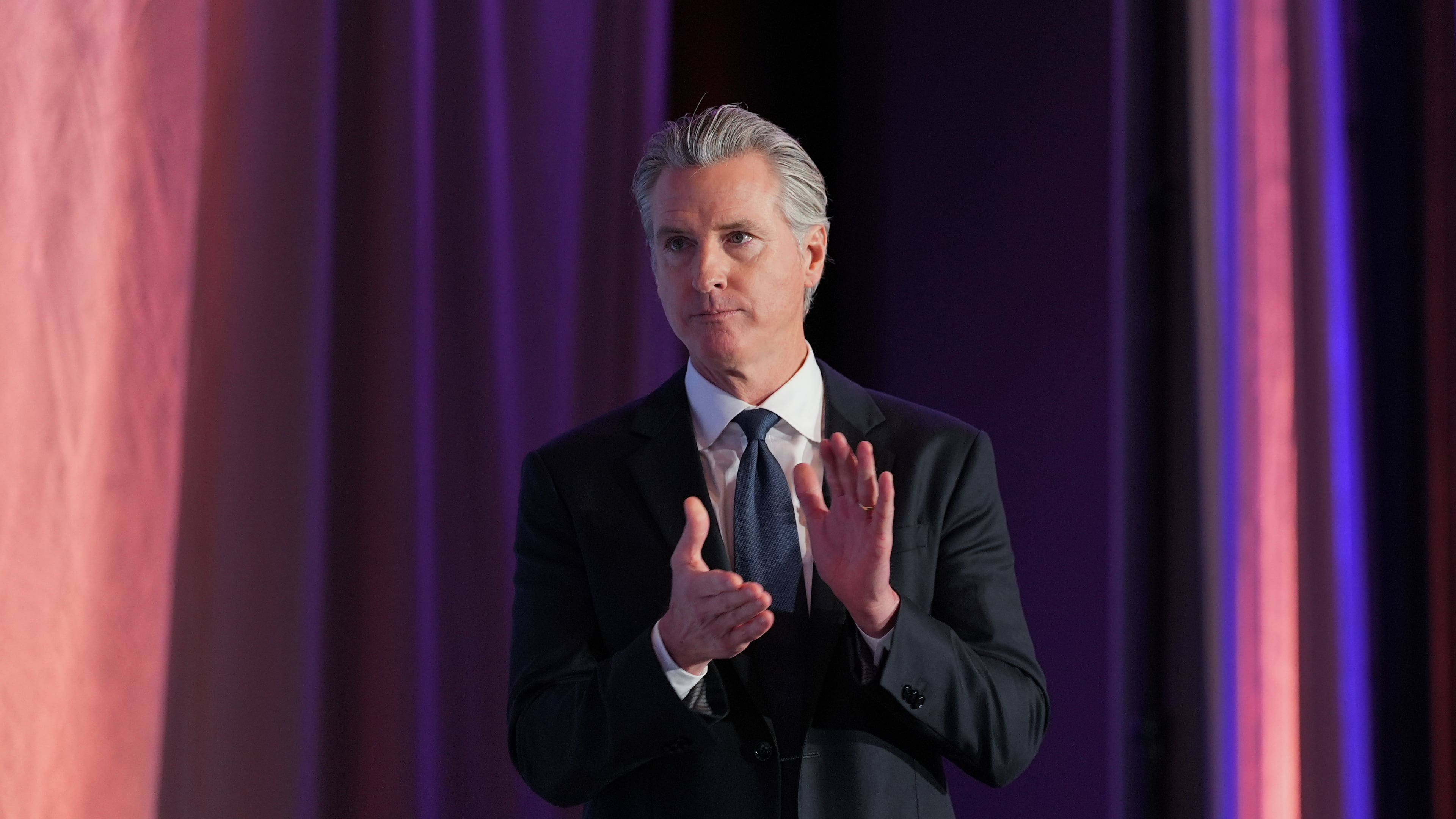 Gov. Gavin Newsom is introduced at the National Association of Latino Elected and Appointed Officials conference in Los Angeles, Tuesday, July 14, 2026. (AP Photo/Jae C. Hong)