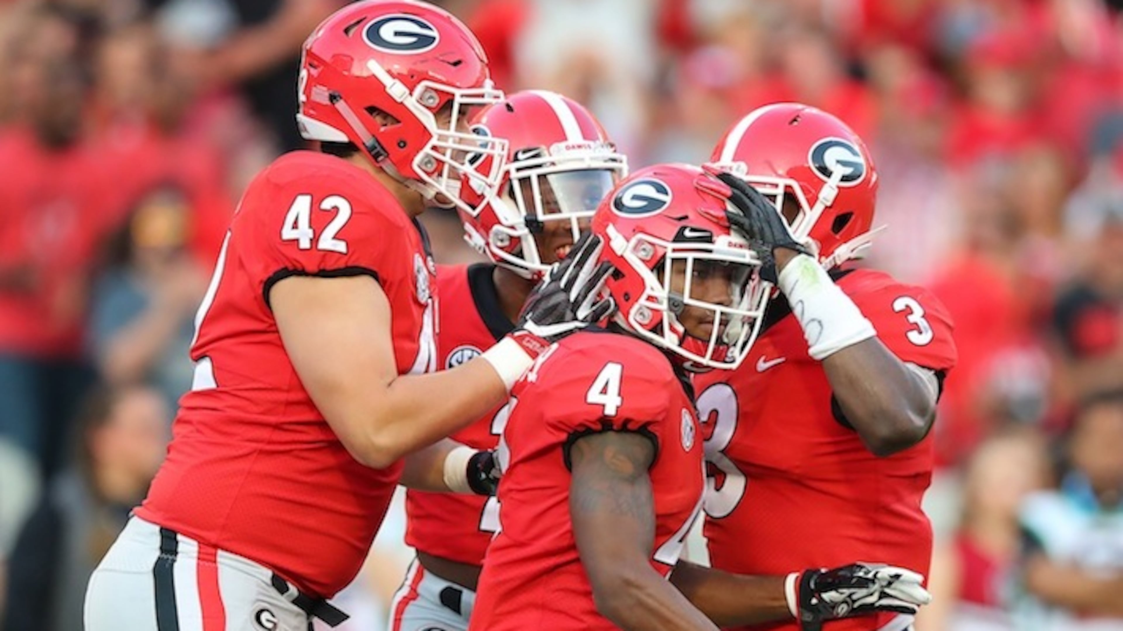 Georgia special teams players celebrate with Mecole Hardman after he downed South Carolina inside the 5-yard line on a punt during the second half at Sanford Stadium in Athens, Ga., on Saturday, Nov. 4, 2017. The host Bulldogs won, 24-10. (Curtis Compton/Atlanta Journal-Constitution/TNS)