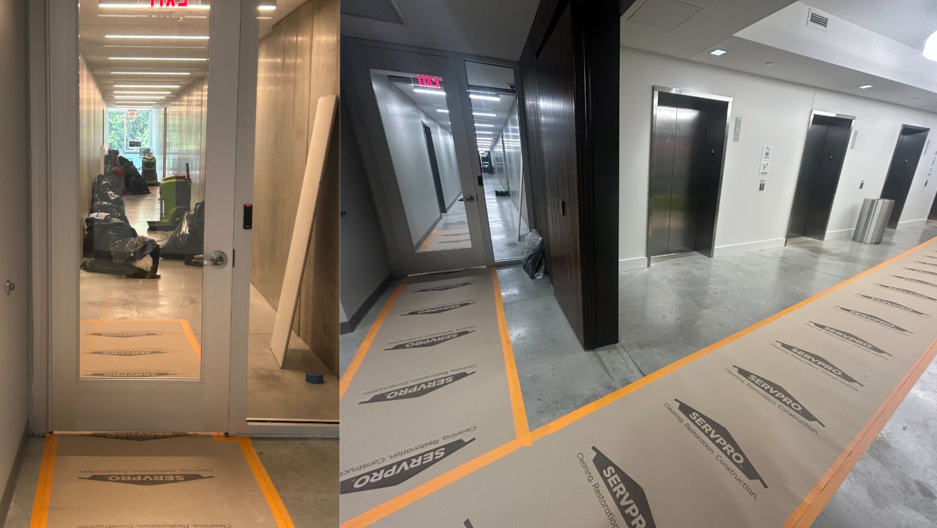 Trash bags and dehumidifiers line the hallways on the fourth floor on the side of the Forty building impacted by the fire. Floor protection paper ran through the building to prevent damage during construction. (Courtesy of Alexander Dufour)