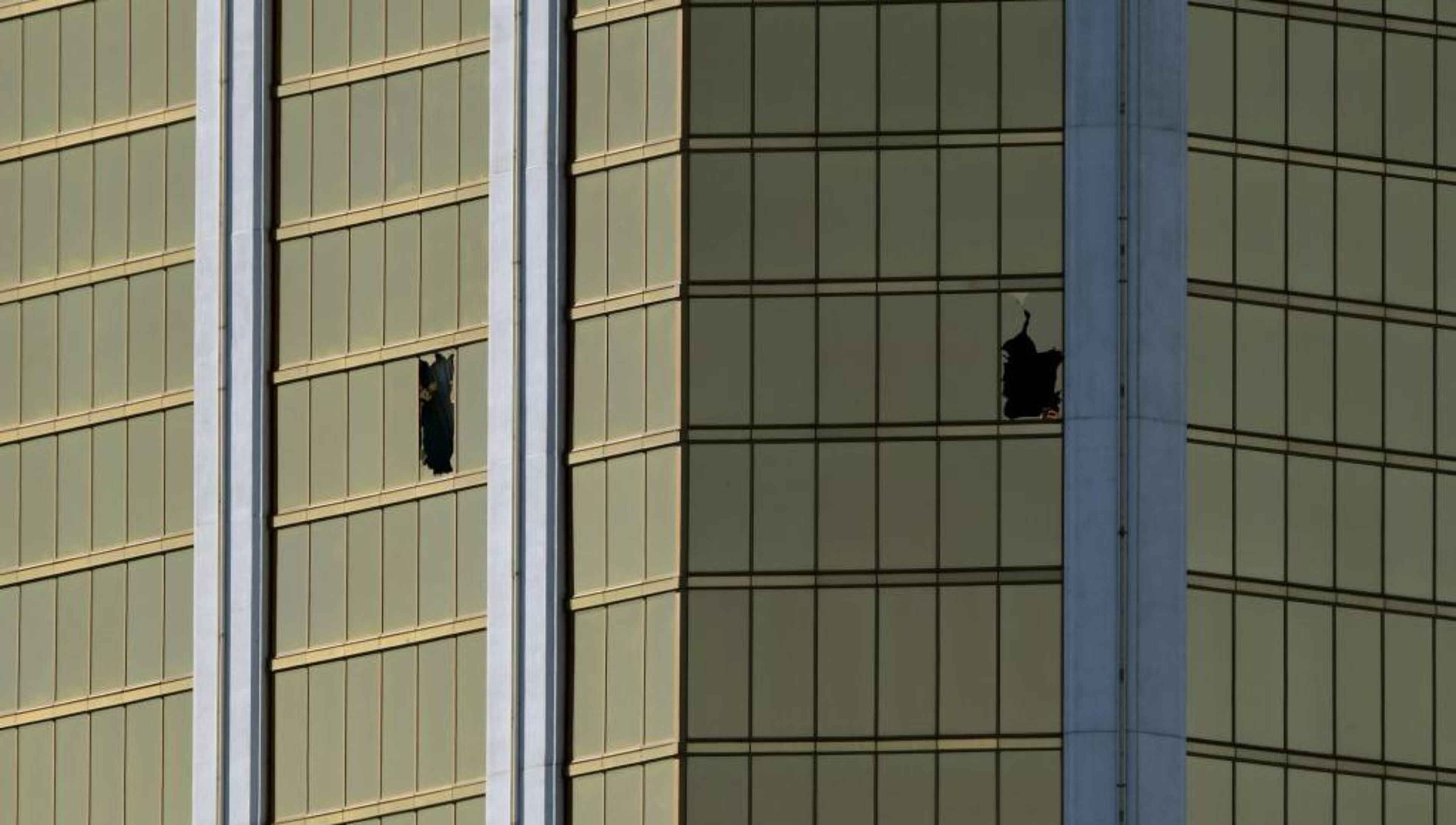 The damaged windows on the 32nd floor of the Mandalay Bay Resort and Casino in Las Vegas that were used by shooter Stephen Paddock to gun down 58 people at a festival below on Oct. 1..