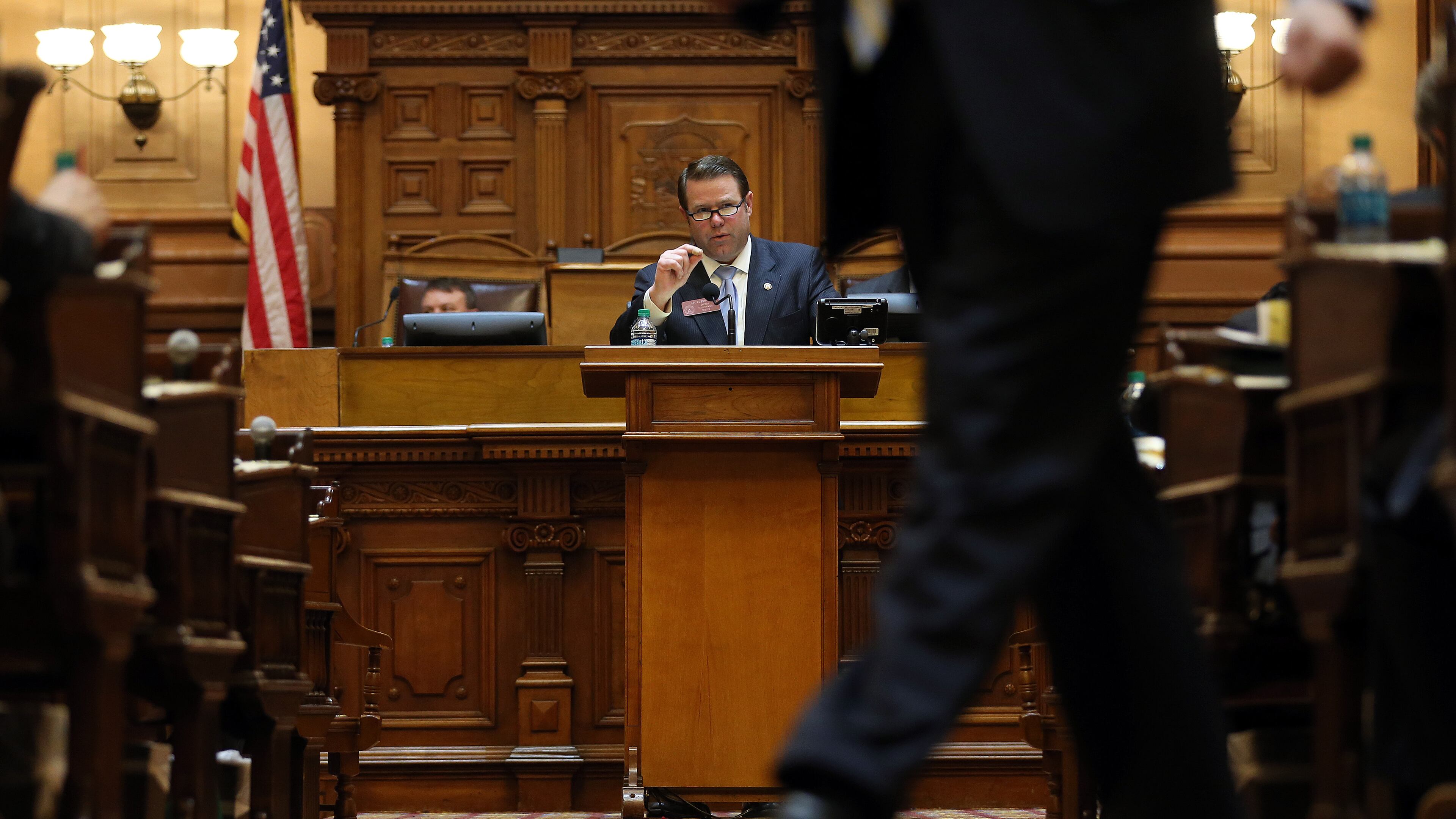 March 5, 2015 Atlanta: Rep. Jay Roberts (R-Ocilla), chairman of the transportation committee, presents the transportation bill from the well of the House chamber Thursday afternoon March 5, 2015. BEN GRAY / BGRAY@AJC.COM State Rep. Jay Roberts, R-Ocilla, chairman of the House Transportation Committee, presents the transportation bill on Thursday. Ben Gray, bgray@ajc.com