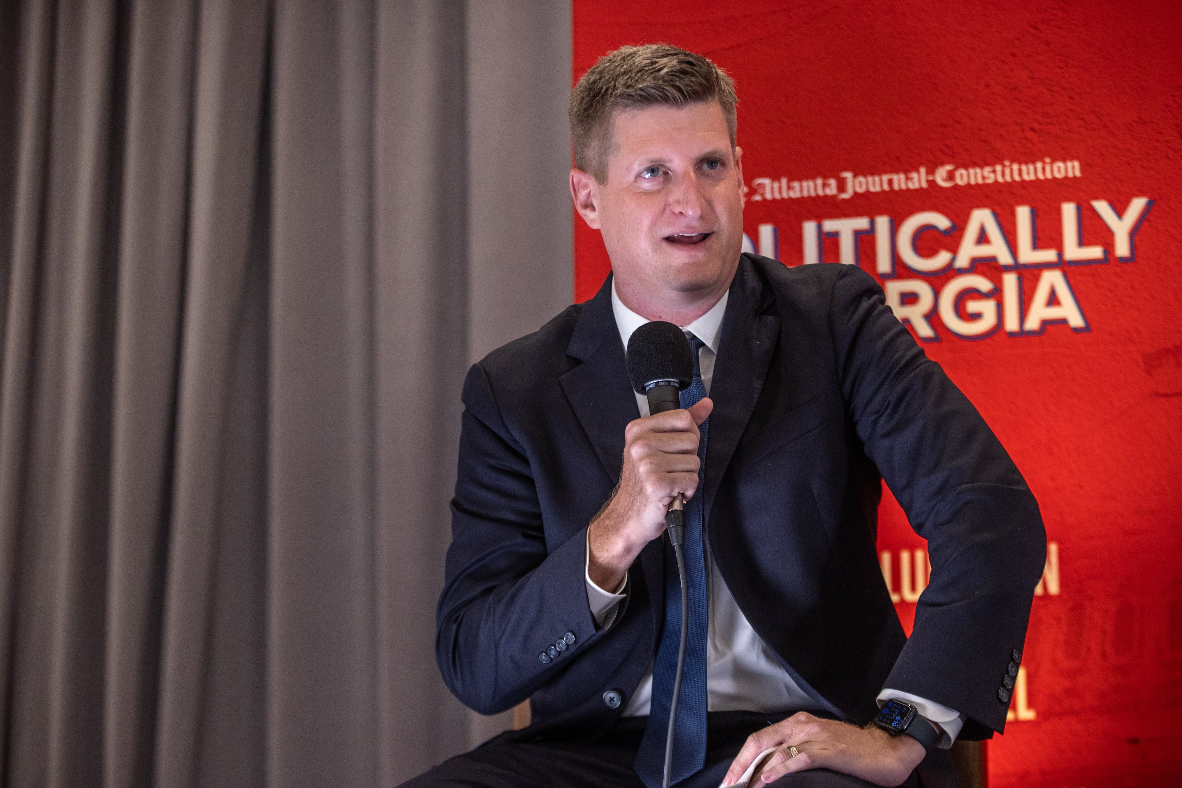Greg Bluestein speaking at the Politically Georgia on the Road Tour on Monday, July 22, 2024, in Savannah. (AJC Photo/Katelyn Myrick)
