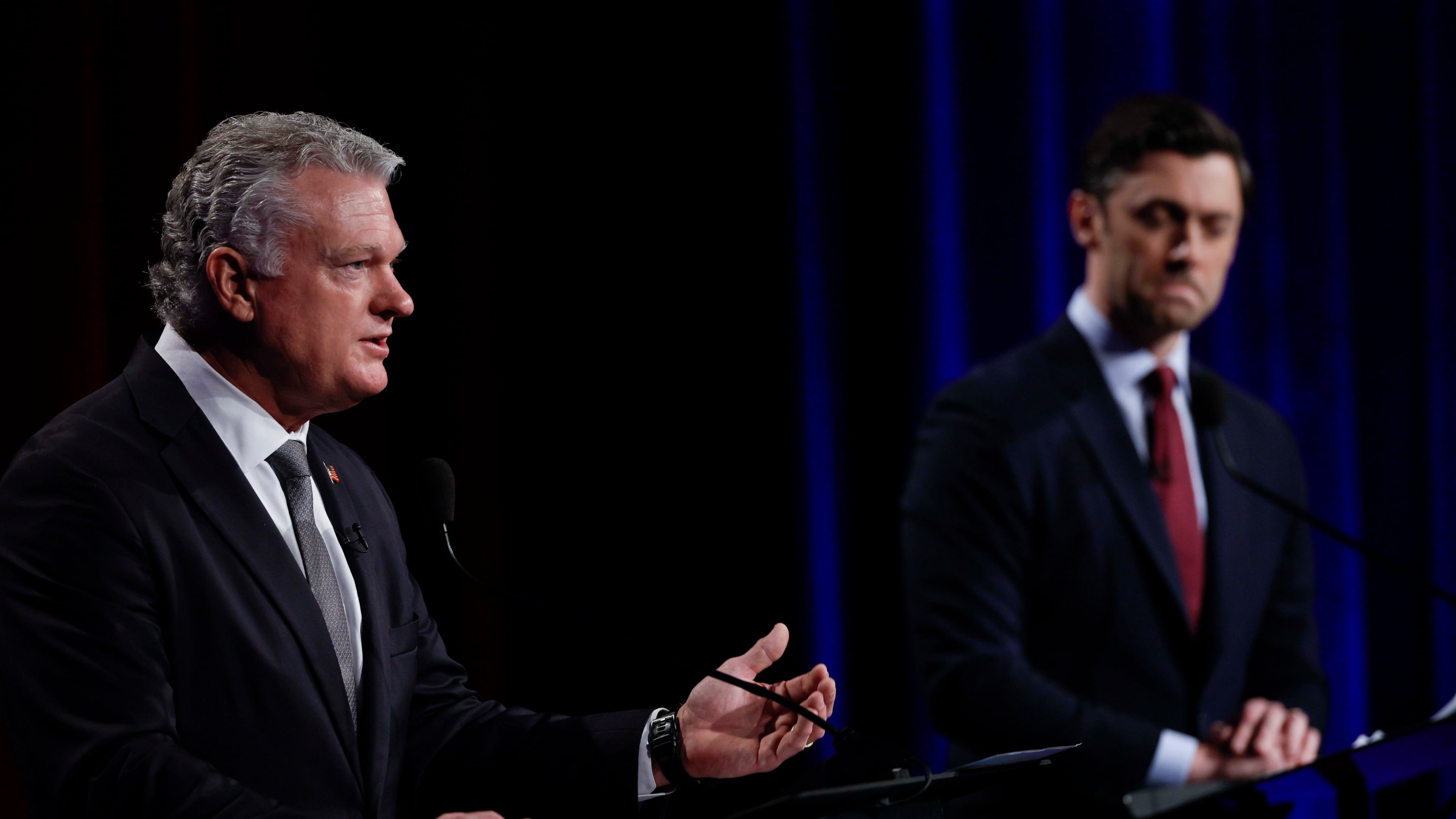 Republican U.S. Rep. Mike Collins debates incumbent Democratic U.S. Sen. Jon Ossoff during the Loudermilk-Young Senate Debate Series at the Georgia Public Broadcasting studio in Atlanta on Tuesday, Oct. 13, 2026. (Miguel Martinez/AJC)