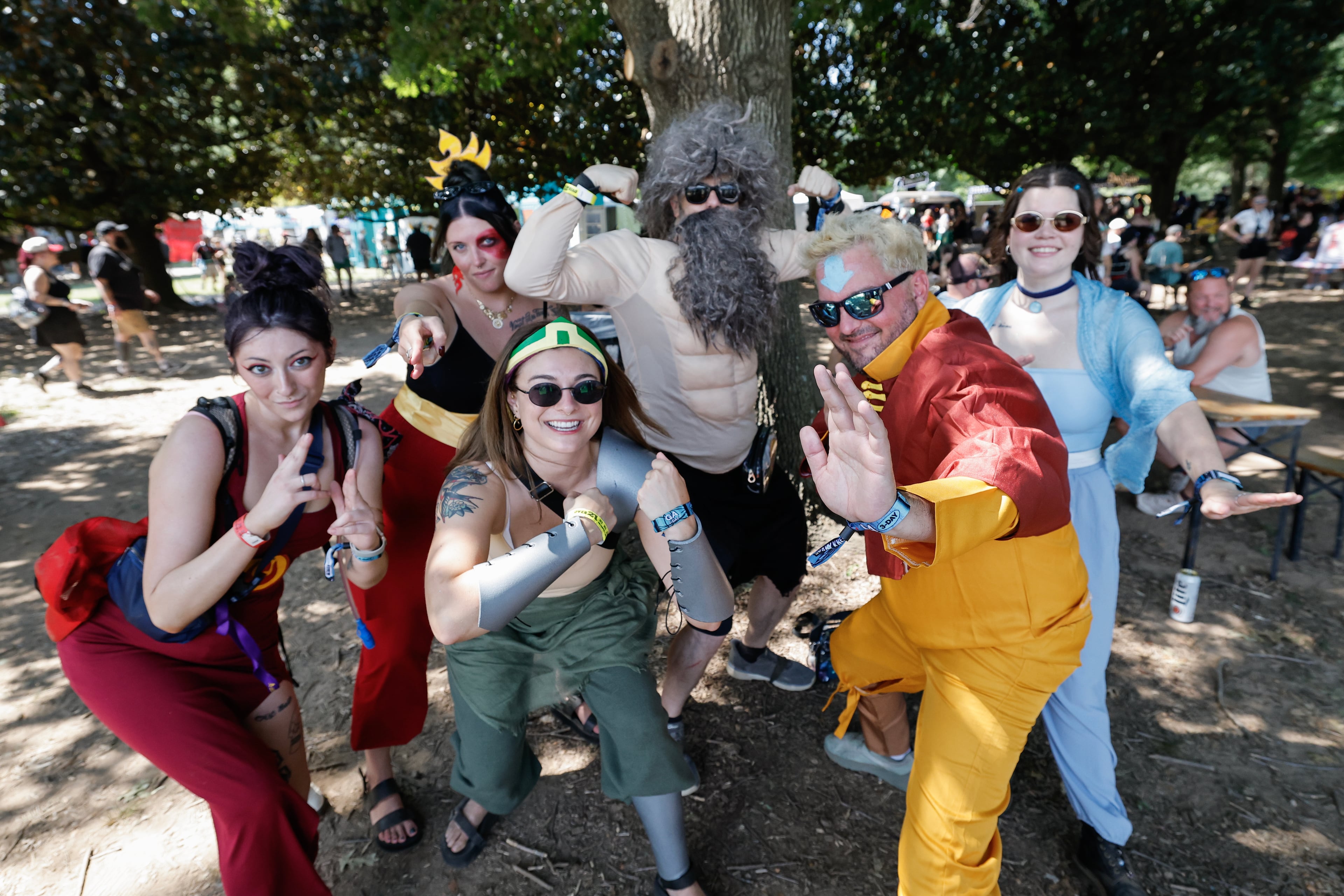 Friends from Denver depict characters from 'Avatar: The Last Airbender' during the Shaky Knees music festival at Piedmont Park, Saturday, Sept. 19, 2026, in Atlanta. (Erik S. Lesser for the AJC)