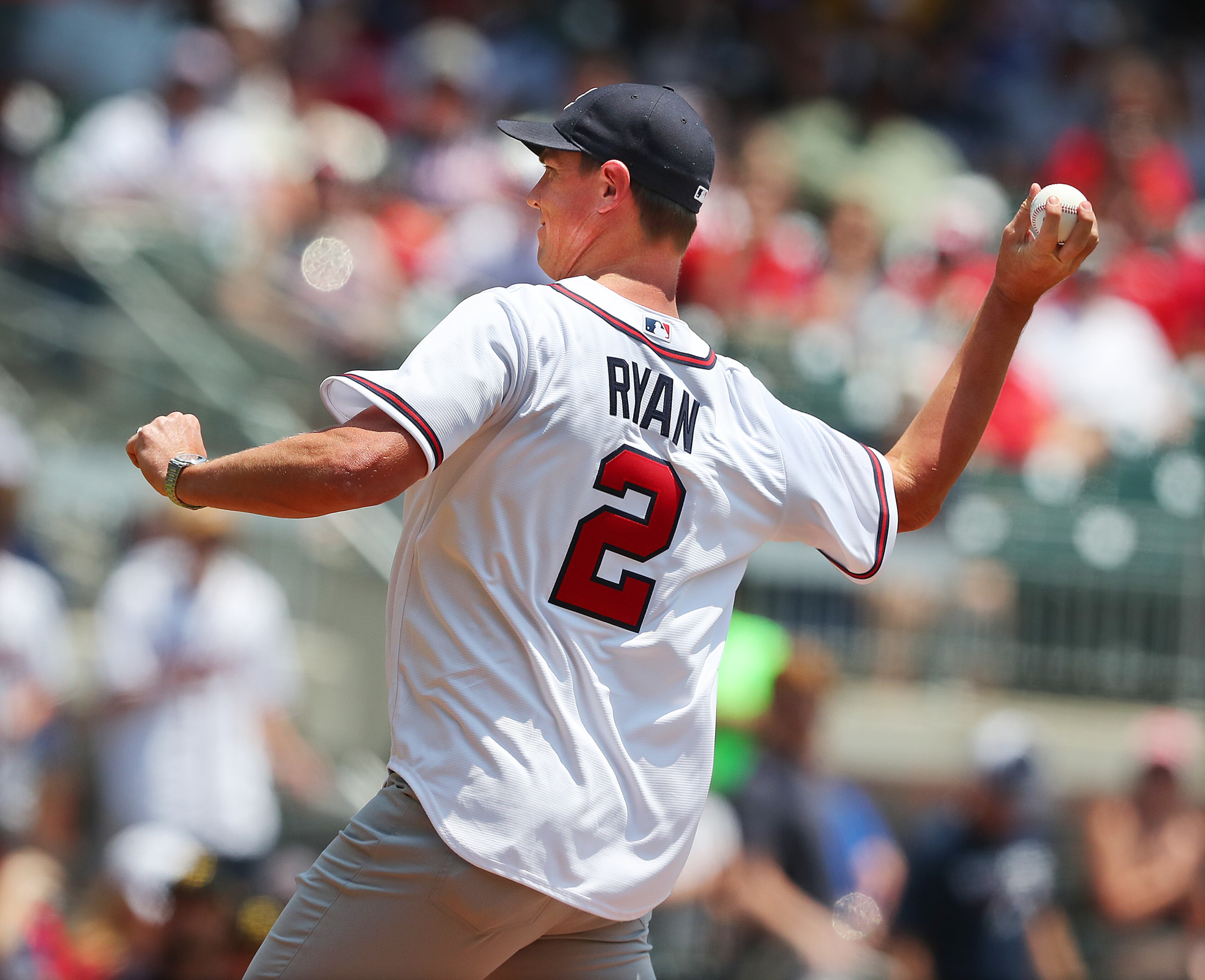 Falcons quarterback Matt Ryan throws out the ceremonial first pitch at the Atlanta Braves game against the Pittsburgh Pirates Sunday, May 23, 2021, at Truist Park in Atlanta. (Curtis Compton / Curtis.Compton@ajc.com)