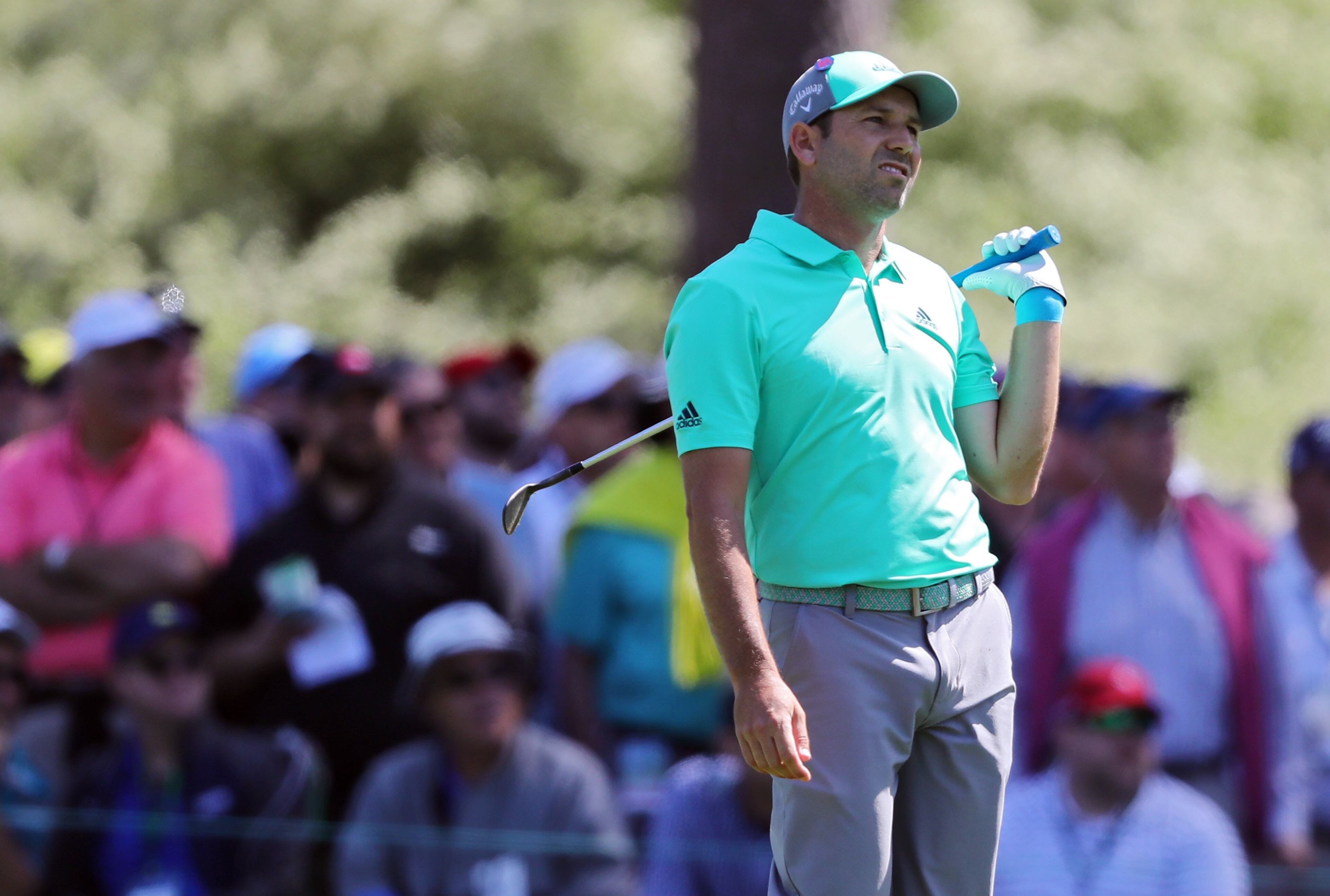 4/5/18 - Augusta - Sergio Garcia reacts after he hit four shots into the pond on 15. during the first round of the Masters at Augusta National Golf Club on Thursday, April 5, 2018, in Augusta. Curtis Compton/ccompton@ajc.com