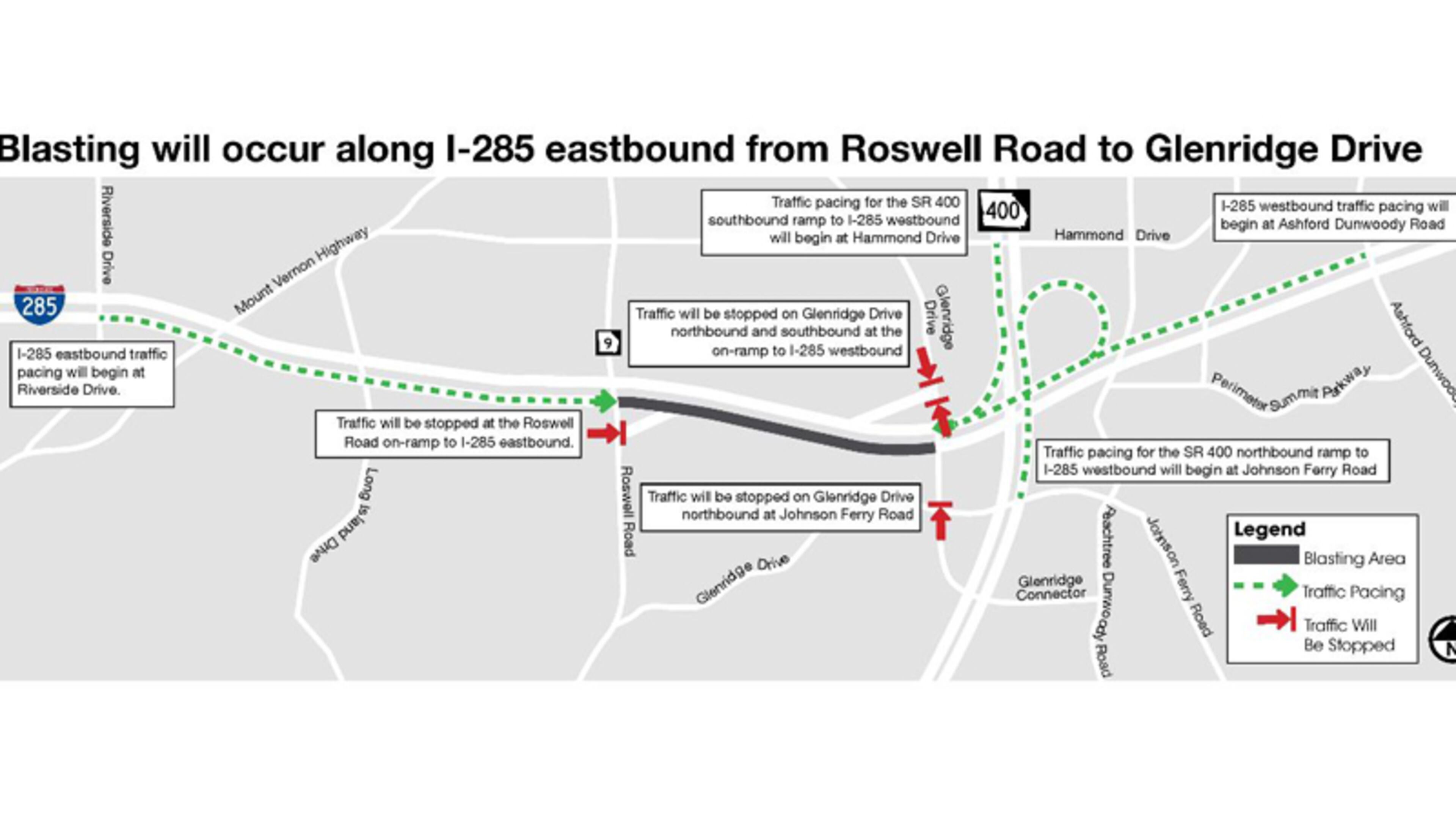 Map depicts traffic pacing and stoppages planned when crews conduct controlled blasting for the I-285/Ga. 400 interchange reconstruction project in the Sandy Springs-Dunwoody area. GEORGIA DEPARTMENT OF TRANSPORTATION