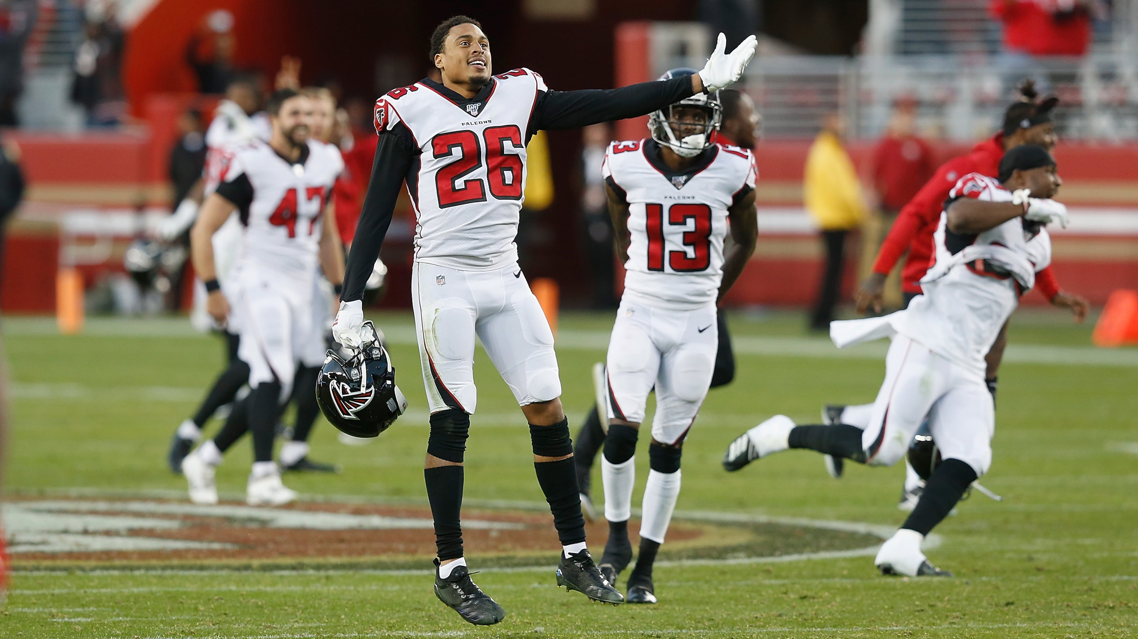 Falcons' Isaiah Oliver (26) Atlanta's game-winning touchdown late in the fourth quarter against the San Francisco 49ers Sunday, Dec. 15, 2019, at Levi's Stadium in Santa Clara, Calif.