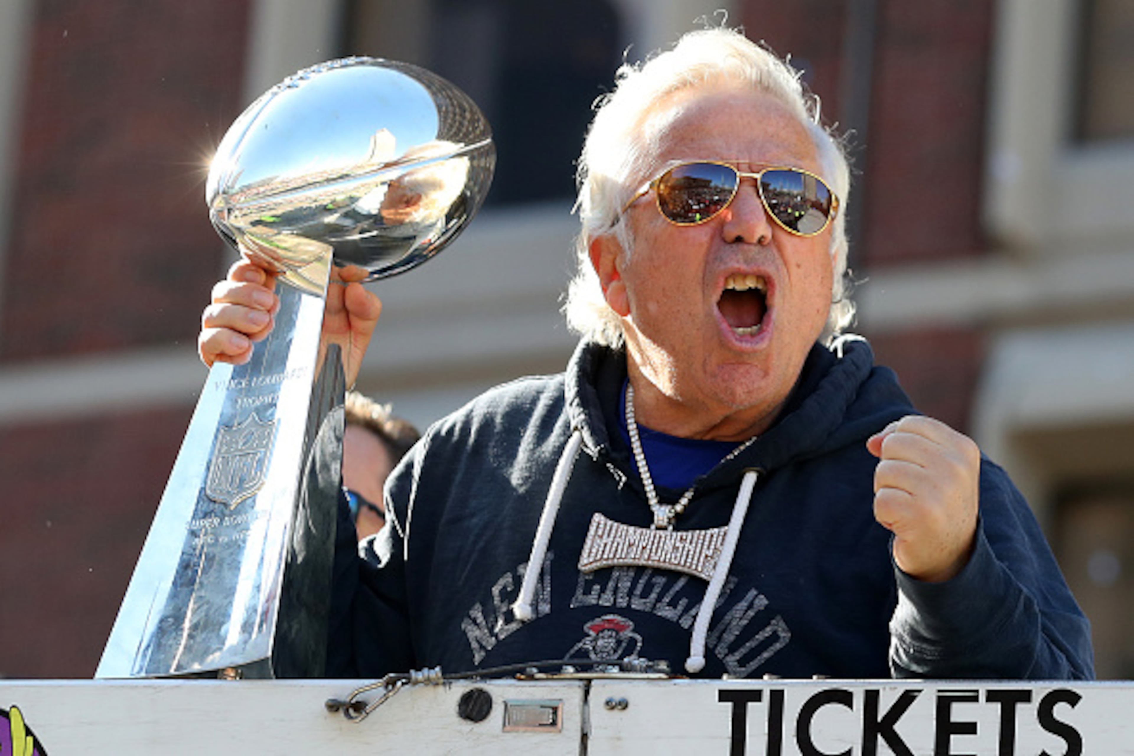 BOSTON, MASSACHUSETTS - FEBRUARY 05: Patriots ownder Robert Kraft celebrates on Cambridge street during the New England Patriots Victory Parade on February 05, 2019 in Boston, Massachusetts. (Photo by Maddie Meyer/Getty Images)