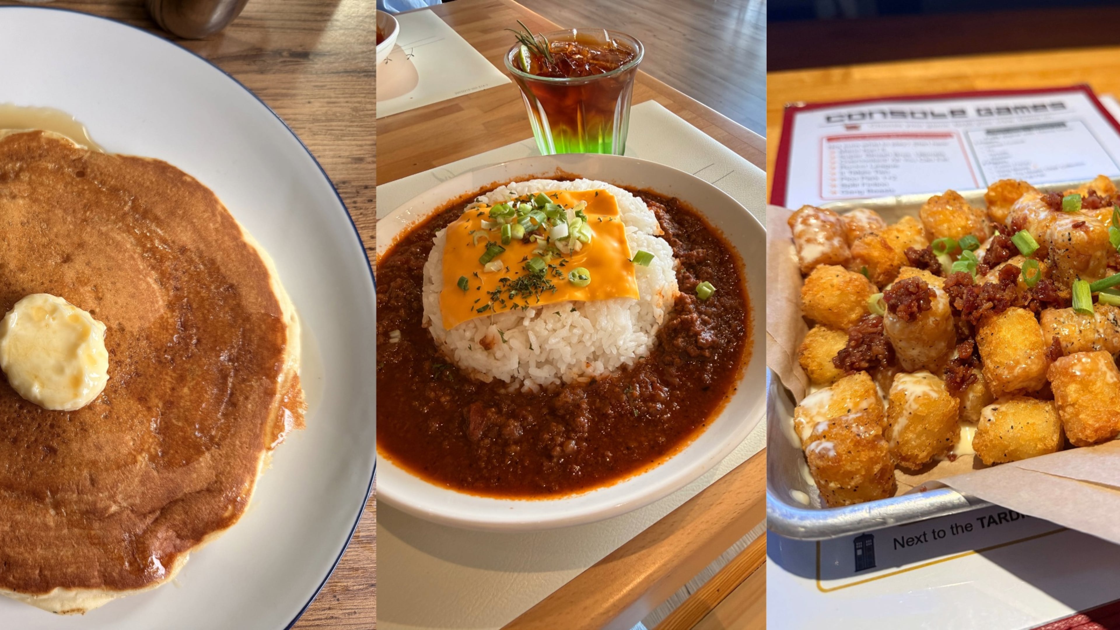 Justin Brown, aka the Real Food Stalker, has an all-day itinerary for an outing just north of Atlanta that includes breakfast at Buttermilk Kitchen (left), lunch and crafting at ScentTok Craft Cafe (center) and dinner and gaming at Battle & Brew (right). (Justin Brown for the AJC)