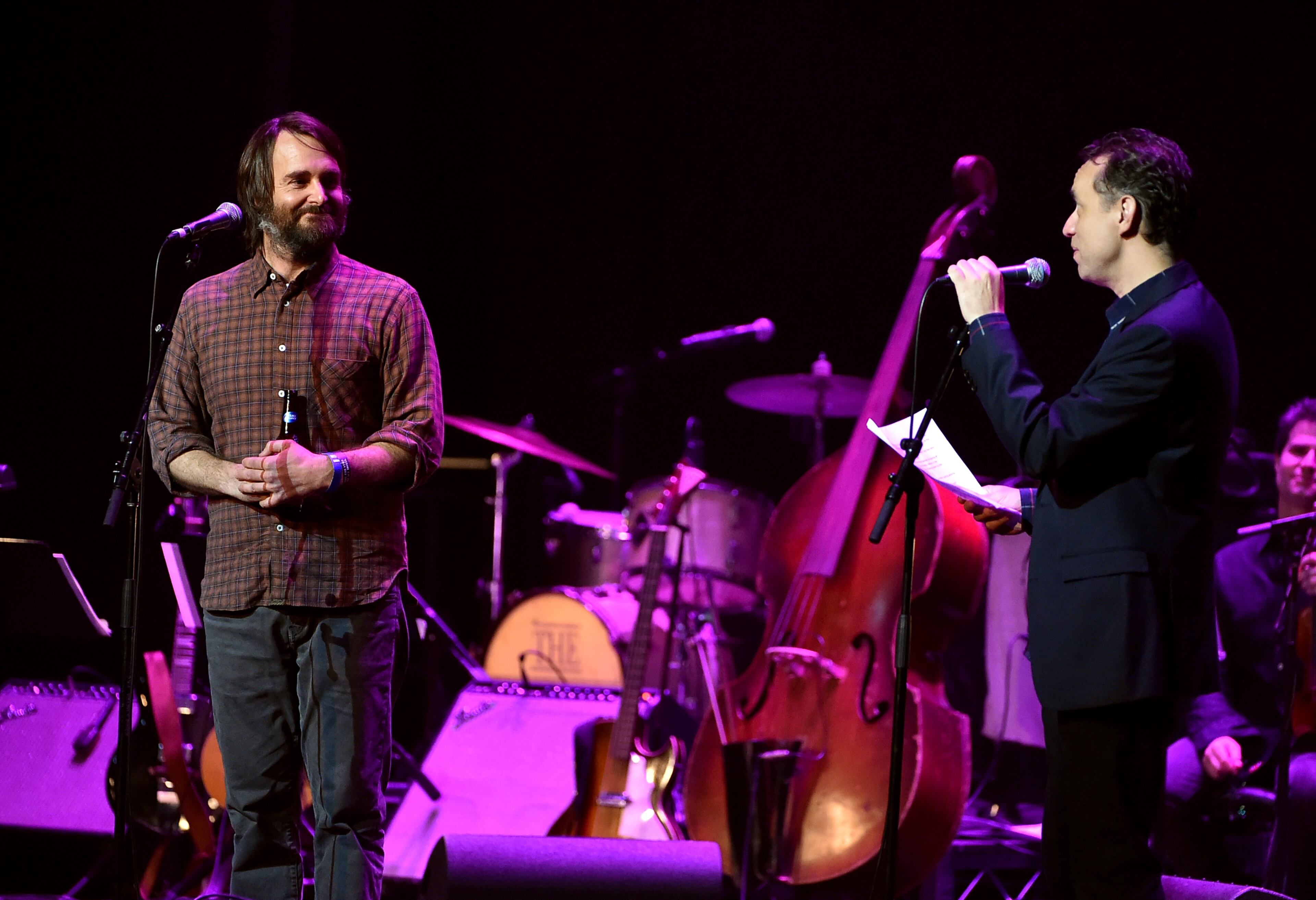 LOS ANGELES, CA - APRIL 07: Actors Willl Forte (L) and Fred Armisen perform onstage during The David Lynch Foundation's DLF Live Celebration of the 60th Anniversary of Allen Ginsberg's "HOWL" with Music, Words, and Funny People at The Theatre at Ace Hotel on April 7, 2015 in Los Angeles, California. (Photo by Kevin Winter/Getty Images)