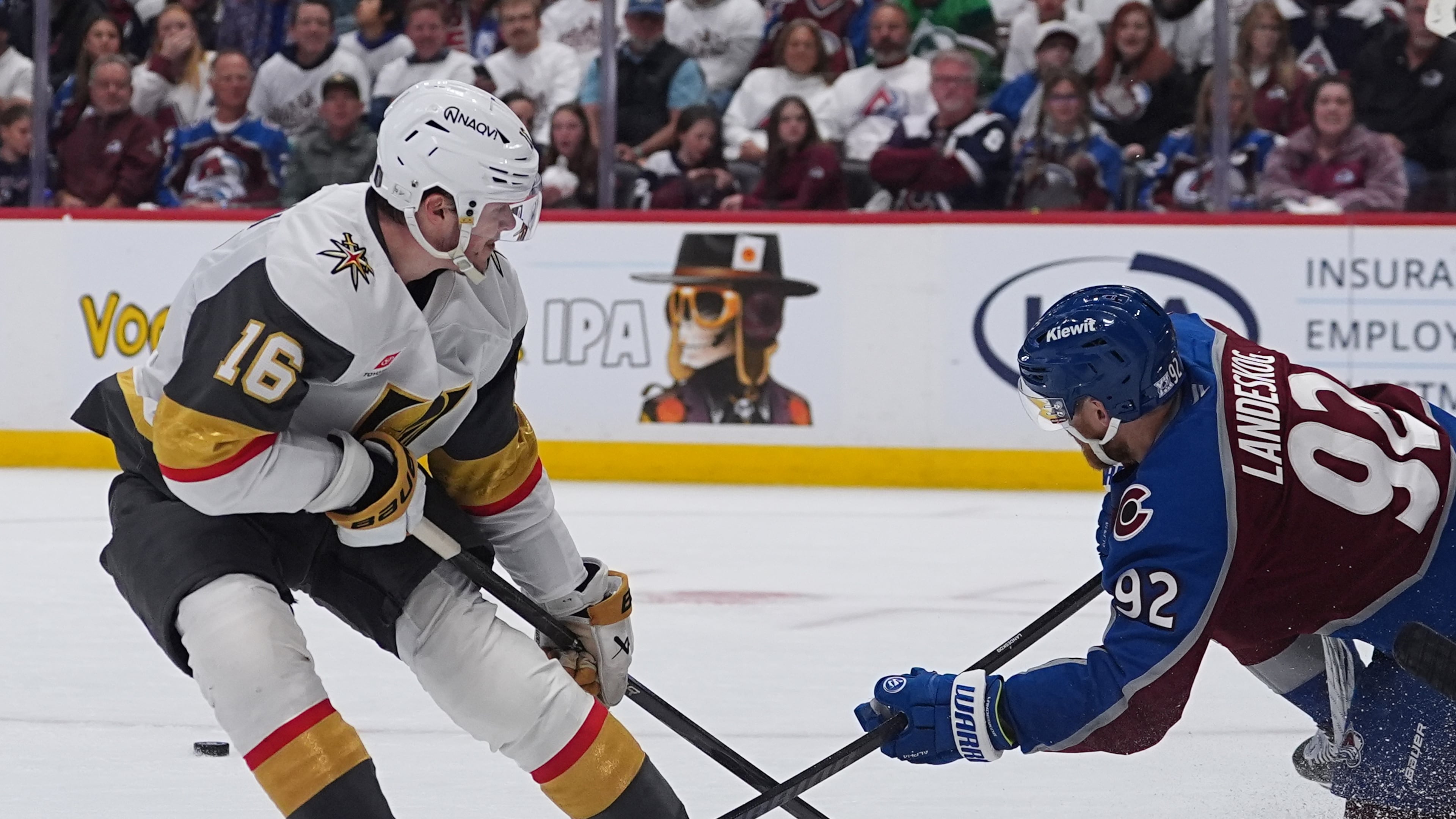 Colorado Avalanche left wing Gabriel Landeskog, right, blocks the shot by Vegas Golden Knights right wing Pavel Dorofeyev during the second period in Game 1 of the Western Conference finals NHL hockey Stanley Cup playoff series Wednesday, May 20, 2026, in Denver. (AP Photo/David Zalubowski)
