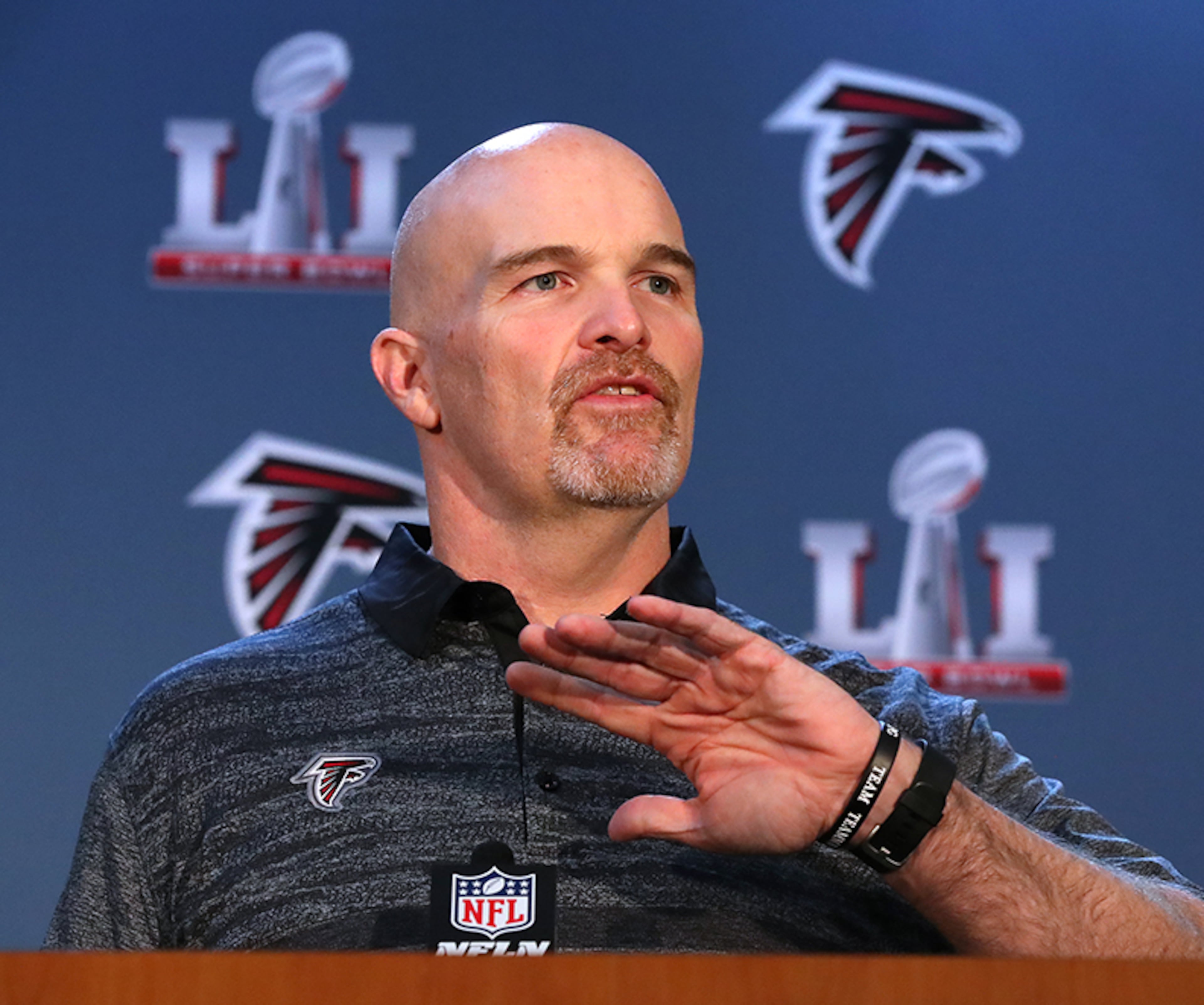 February 2, 2017, Houston: Falcons head coach Dan Quinn holds his press conference during Super Bowl media availability at Memorial City Mall ice arena on Wednesday, Feb. 1, 2017, in Houston. Curtis Compton/ccompton@ajc.com