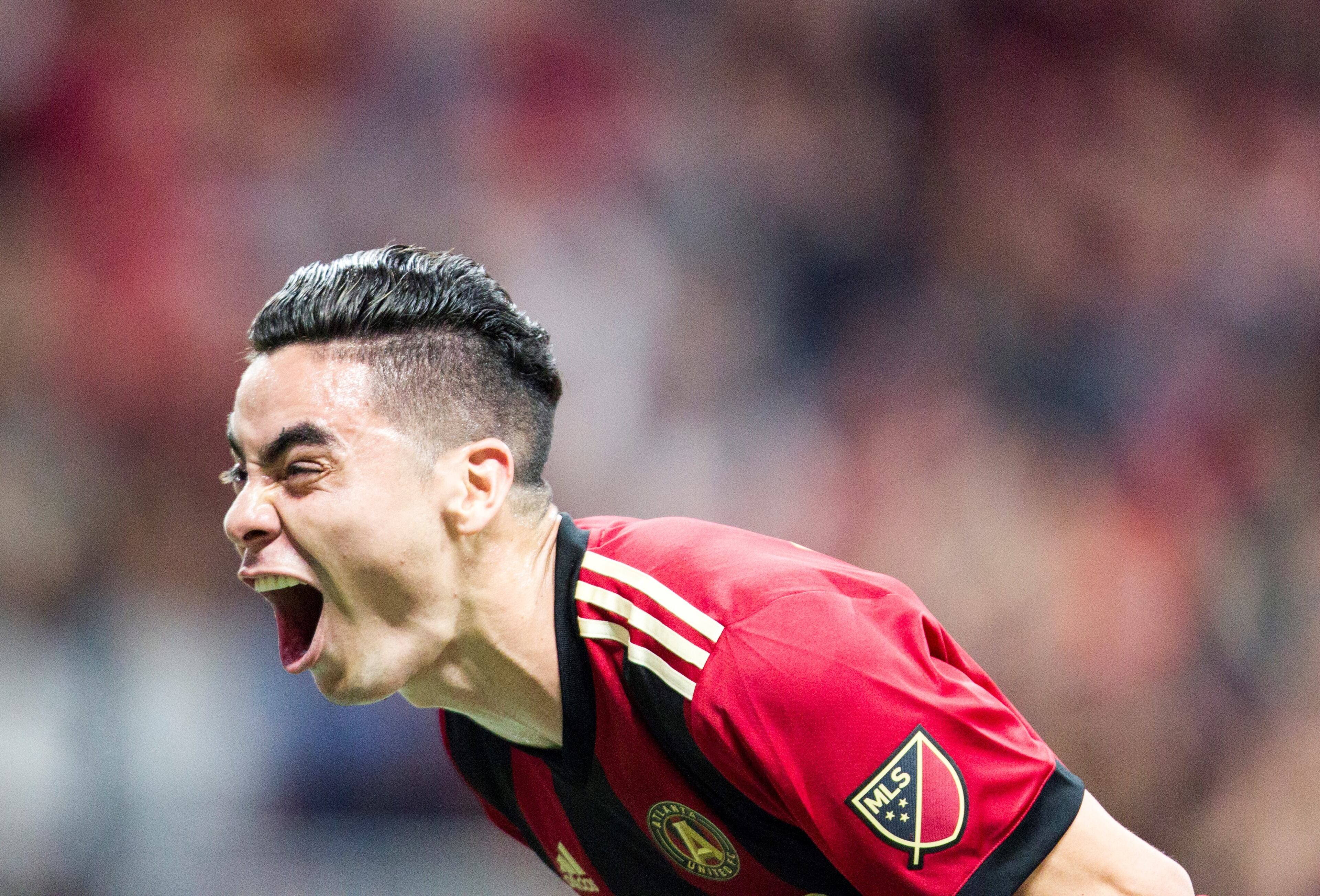 Atlanta United midfielder Miguel Almiron (10) reacts to Atlanta United's first goal of the game during the match between NYC FC and Atlanta United at Mercedes-Benz Stadium in Atlanta, Georgia, on Sunday, April 15, 2018. (REANN HUBER/REANN.HUBER@AJC.COM)