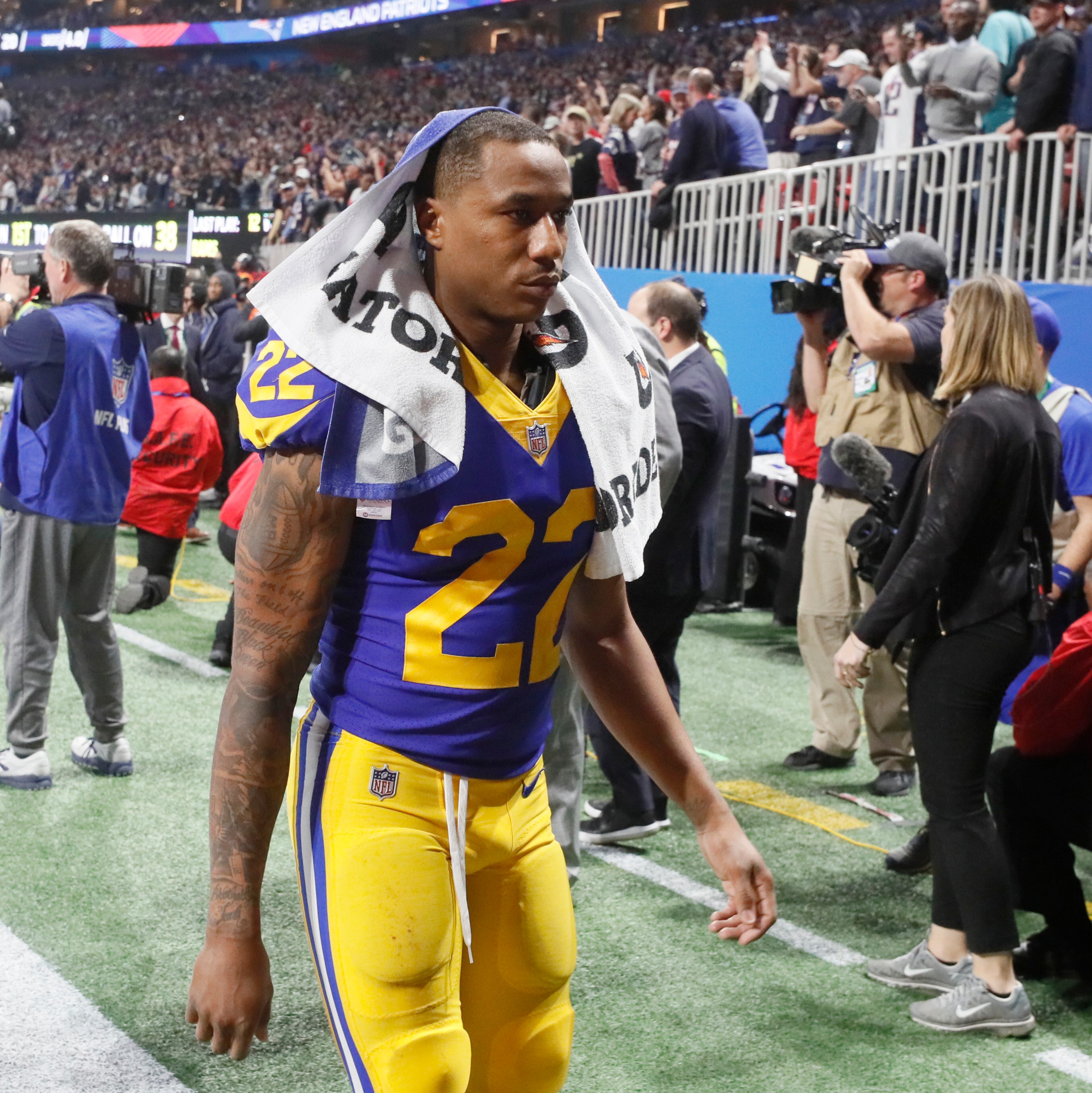 2/3/19 - Atlanta - Los Angeles Rams cornerback Marcus Peters (22) walks off after the loss to the New England Patriots in Super Bowl LIII on Sunday, Feb. 3, 2019 at Mercedes-Benz Stadium in Atlanta, Ga. Bob Andres / bandres@ajc.com