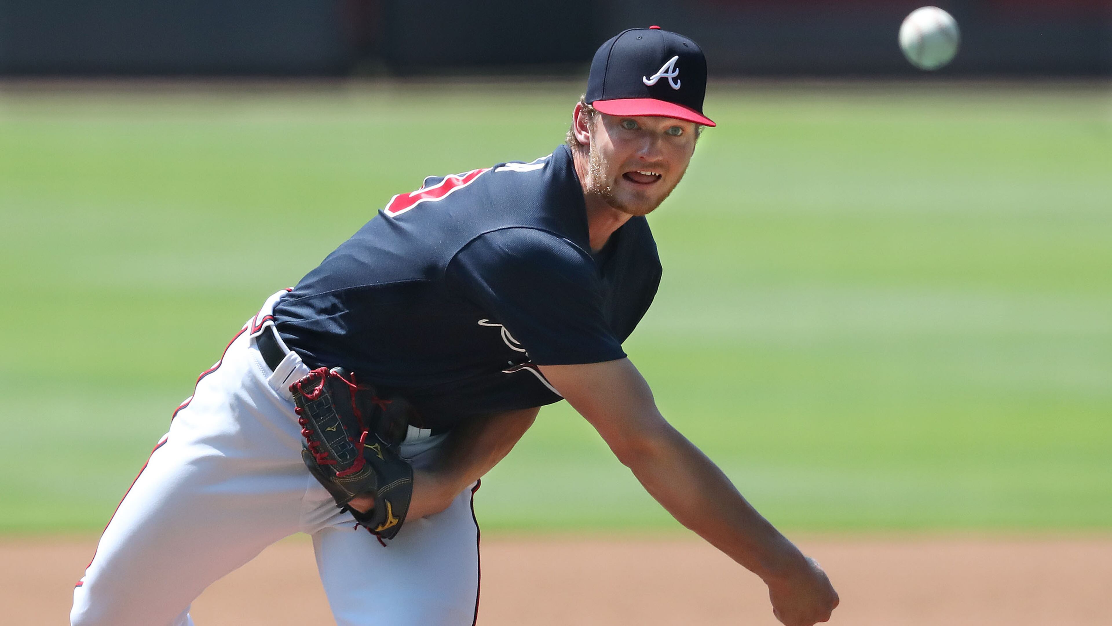 Braves pitcher Mike Soroka delivers a pitch during live batting practice at the first workout of summer Camp Friday, July 3, 2020, at Truist Park in Atlanta.