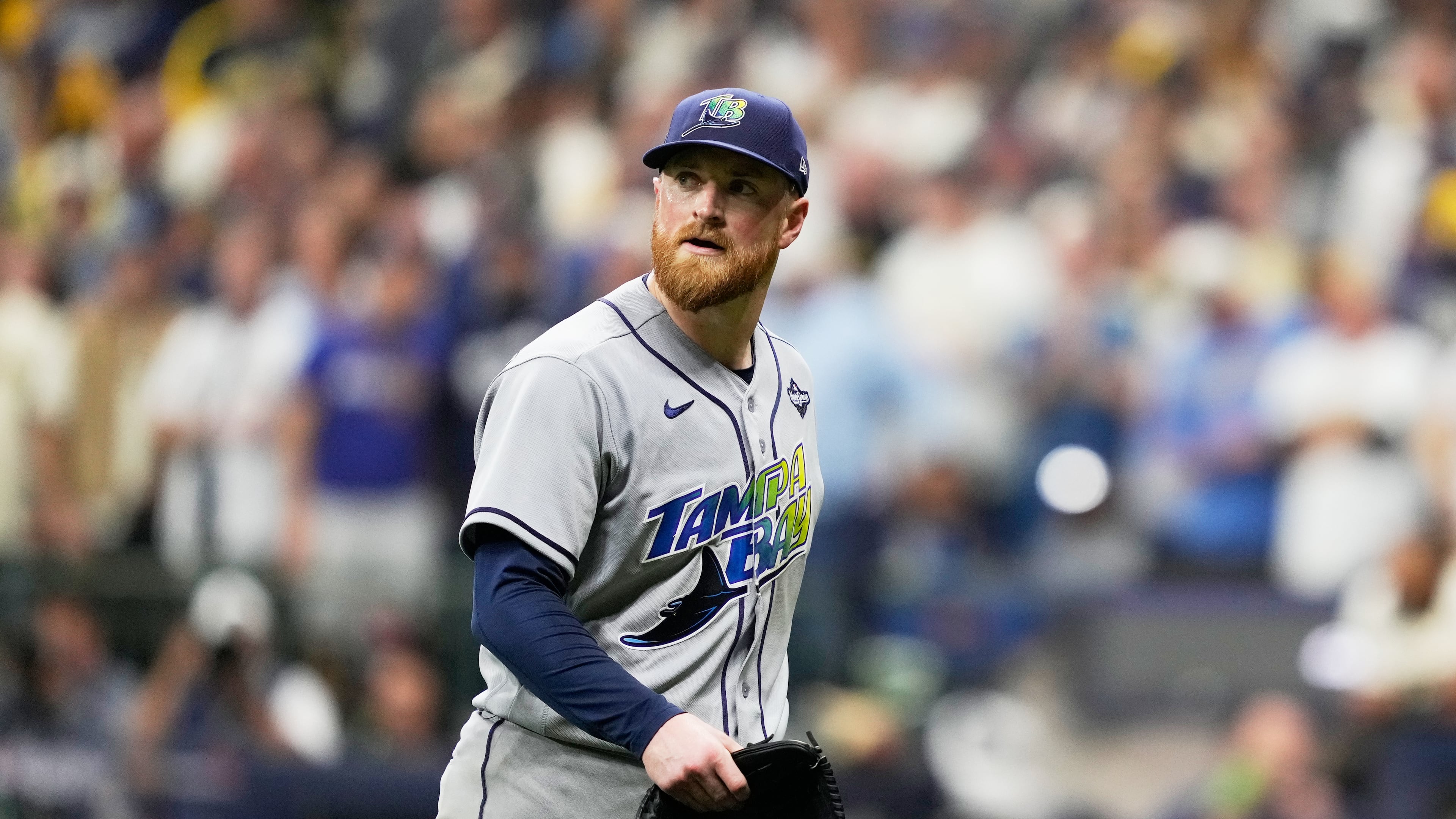 Tampa Bay Rays pitcher Drew Rasmussen leaves he game during the fourth inning of Game 2 of baseball's World Series, Saturday, Oct. 24, 2026, in Milwaukee, between the Milwaukee Brewers and the Tampa Bay Rays. (AP Photo/Kayla Wolf)