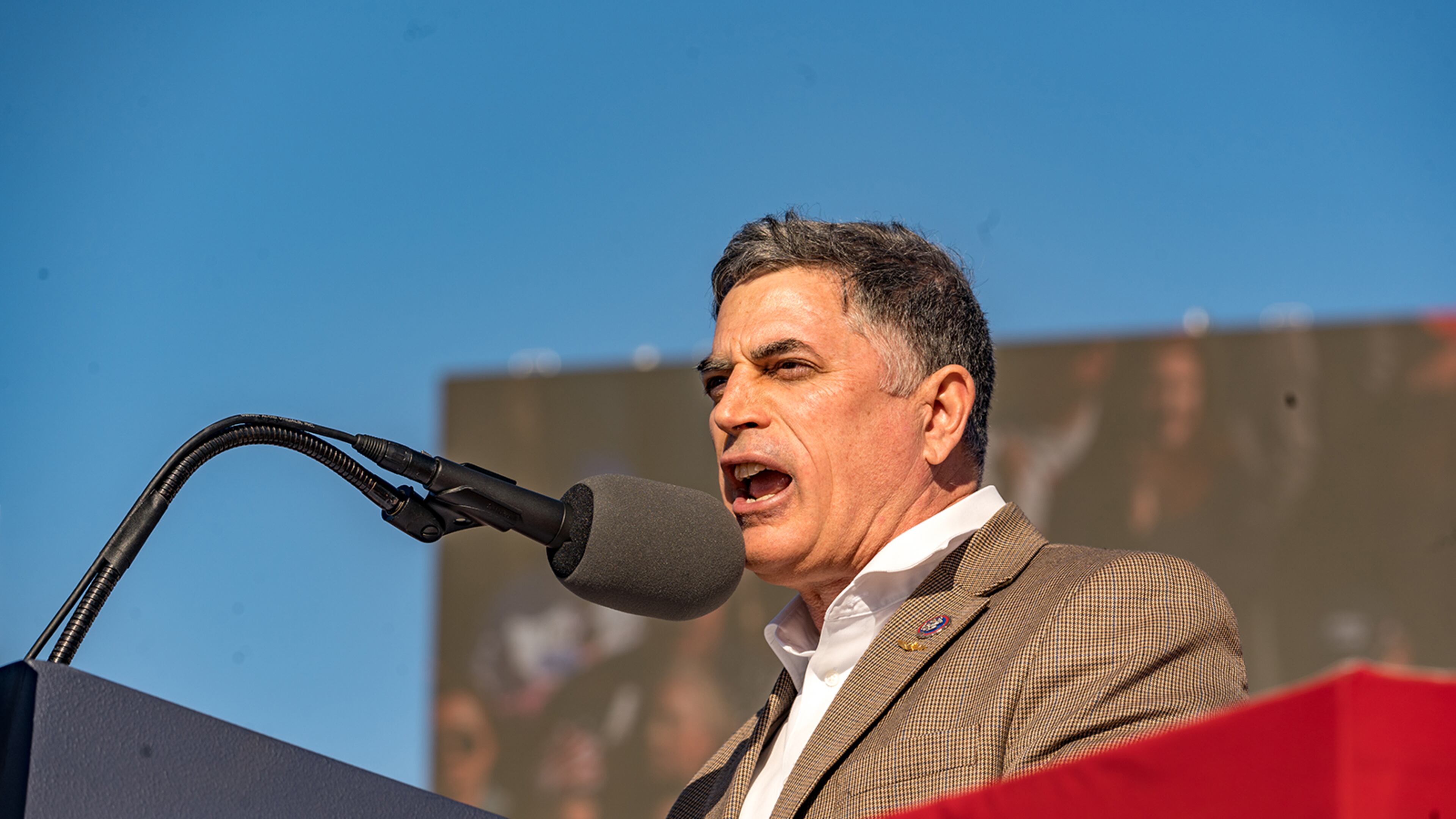 Rep. Andrew Clyde, R-Athens, speaks to supporters of former U.S. President Donald Trump at a rally at the Banks County Dragway on March 26, 2022, in Commerce, Georgia. (Megan Varner/Getty Images/TNS)