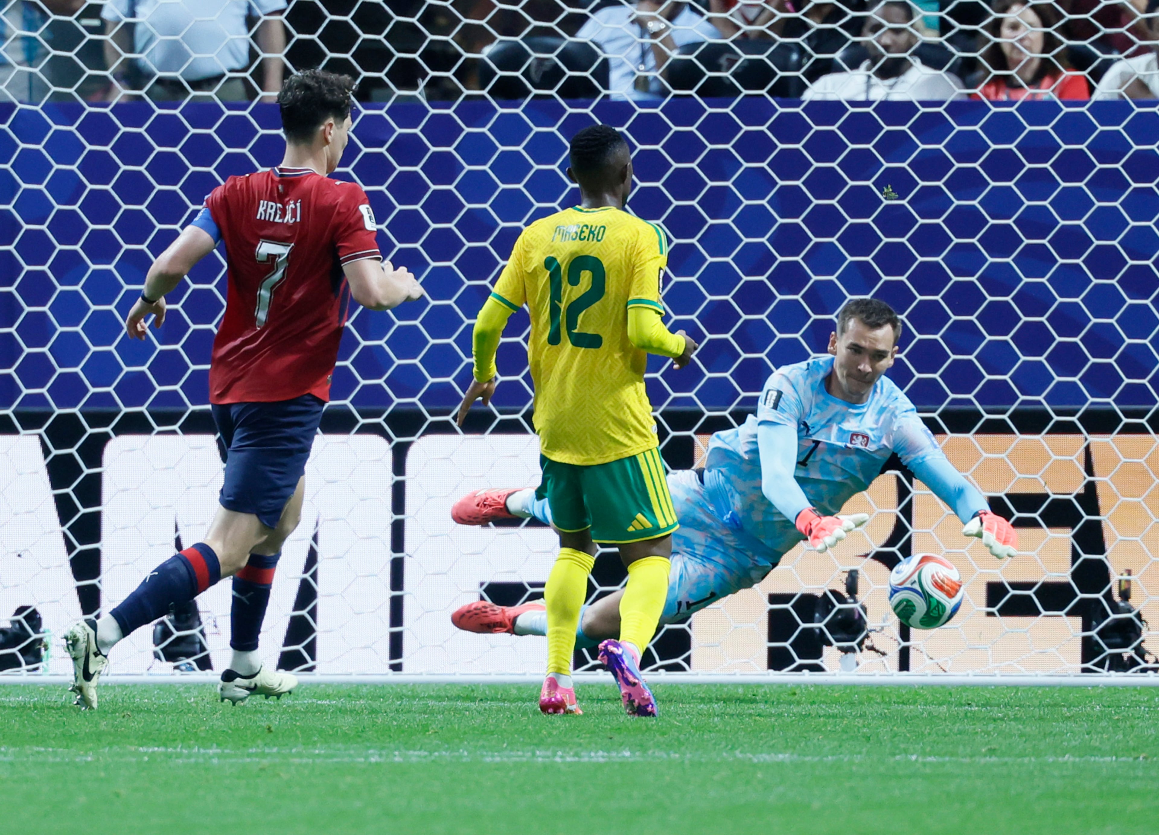 Czechia goalkeeper Matej Kovar (right) dives for a save during the first half of the Czechia vs. South Africa game at the FIFA World Cup at Atlanta Stadium on Thursday, June 18, 2026. (Miguel Martinez/AJC)