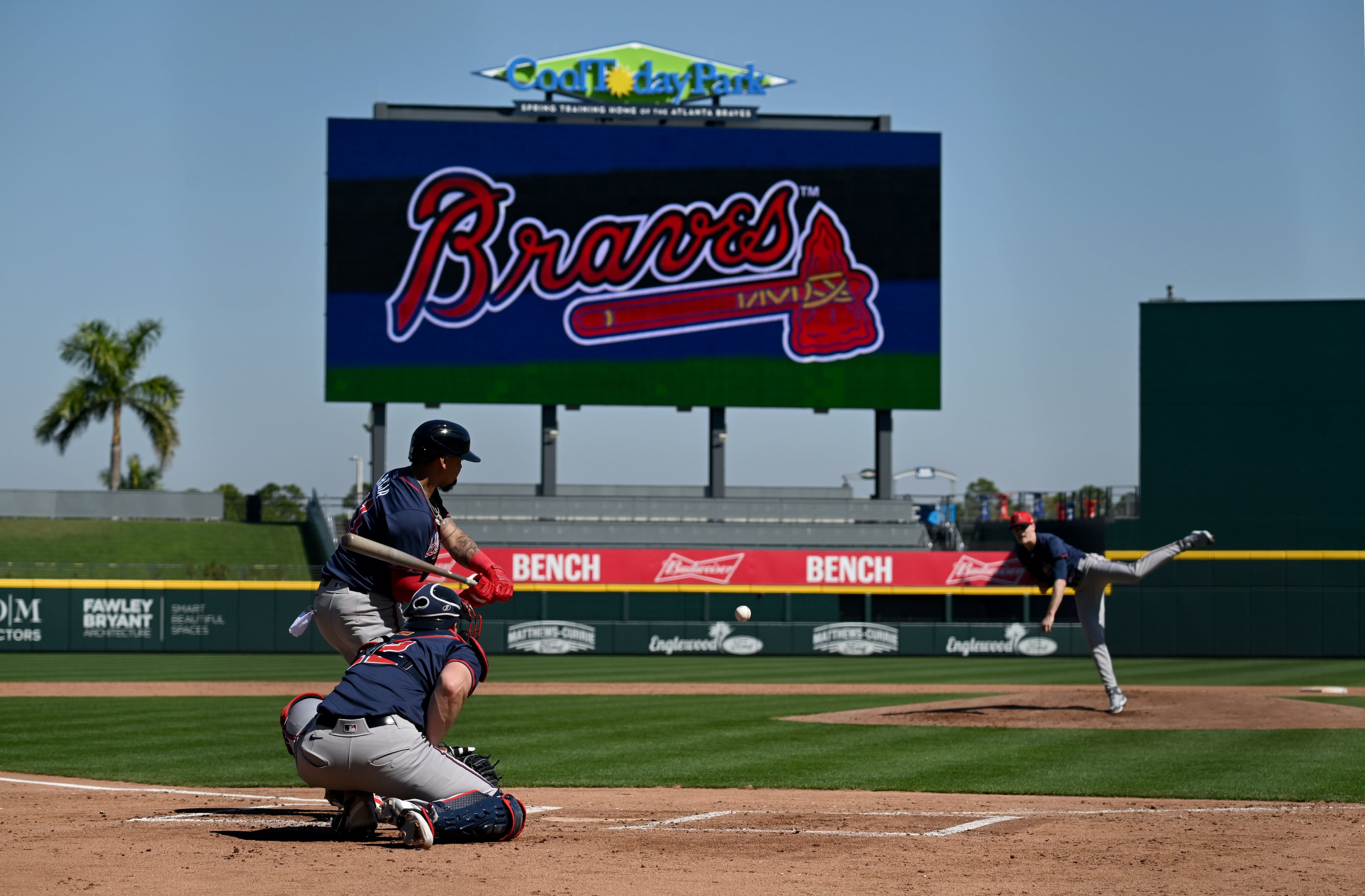 Braves starter Max Fried delivers a pitch to shortstop Orlando Arcia during spring training workouts at CoolToday Park, Wednesday, Feb. 21, 2024, in North Port, Florida. (Hyosub Shin / Hyosub.Shin@ajc.com)