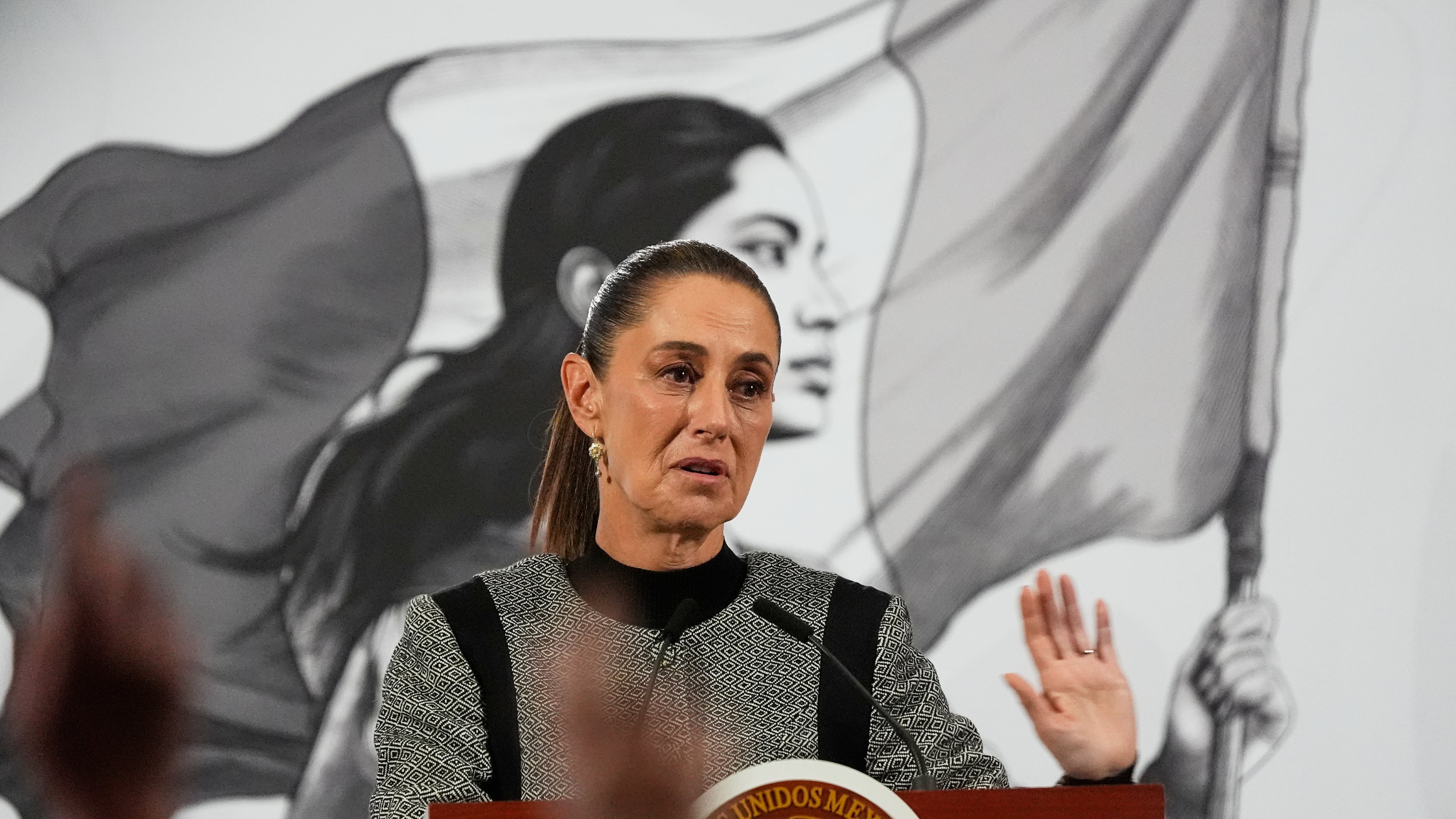 FILE - Mexican President Claudia Sheinbaum speaks during her daily morning press conference at the National Palace in Mexico City, Nov. 28, 2025. (AP Photo/Marco Ugarte, File)