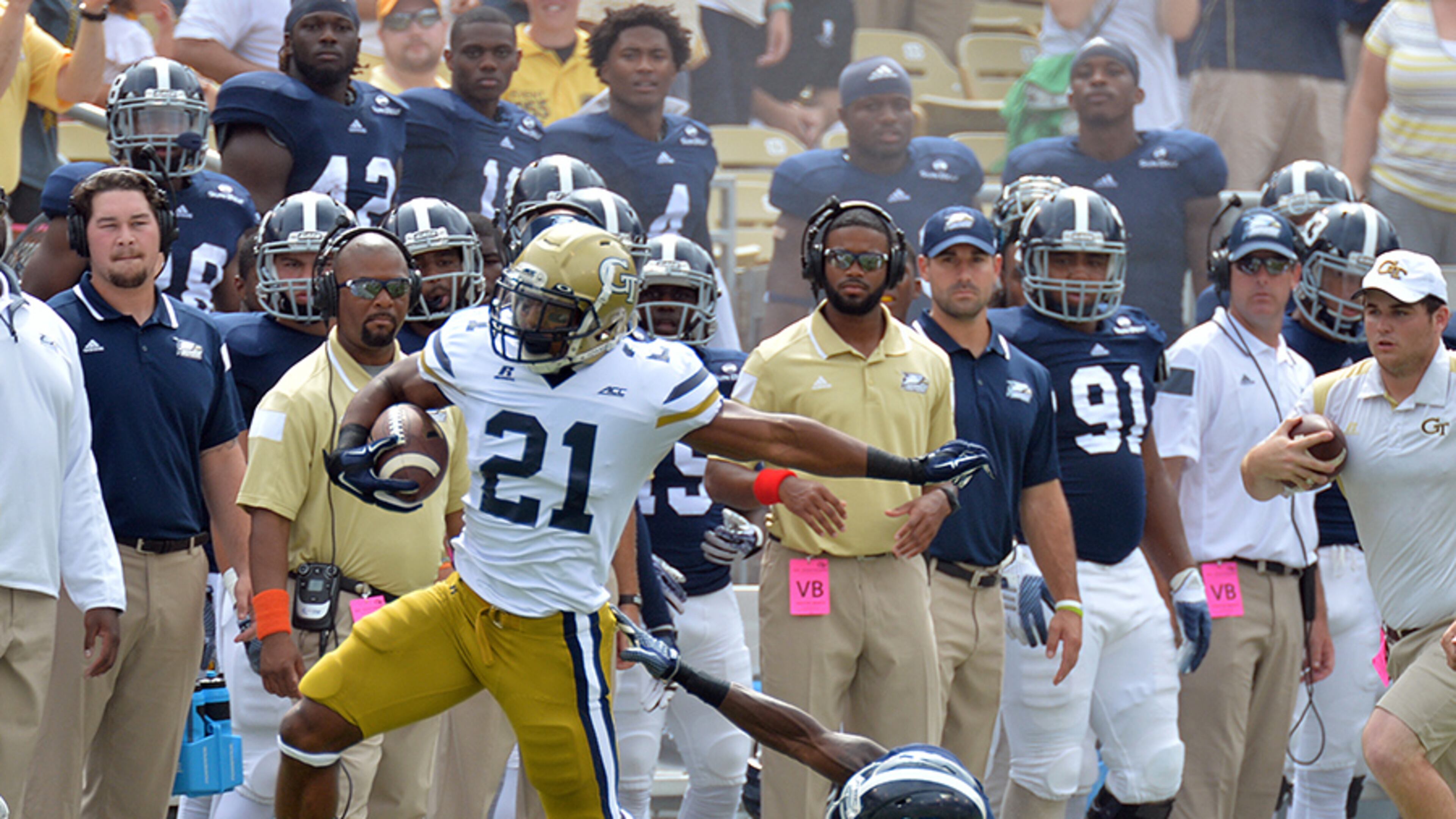 Georgia Tech's Charles Perkins (21) was limited after an injury in Saturday's win over Georgia Southern at Bobby Dodd Stadium in Atlanta.