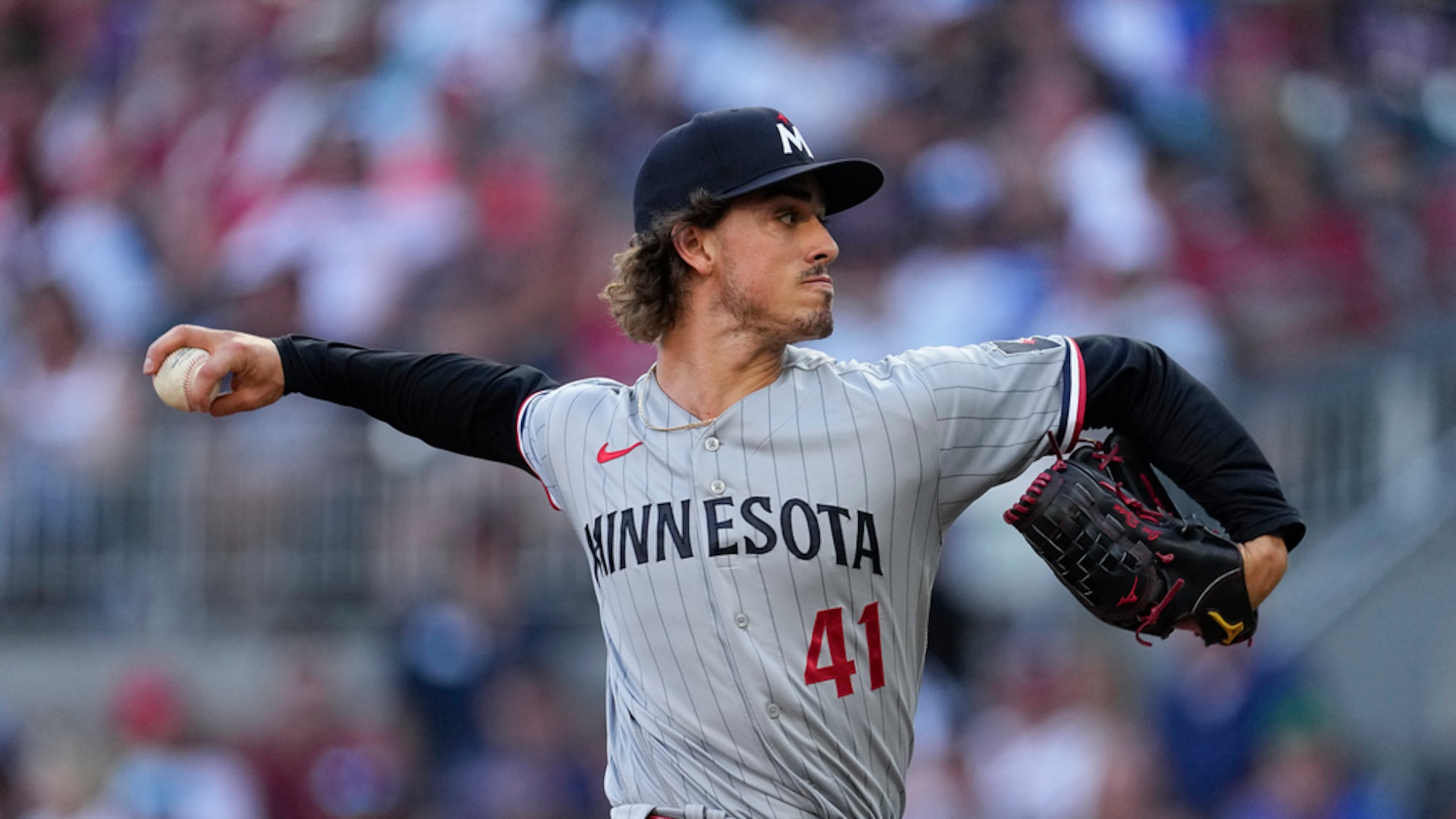 Twins starting pitcher Joe Ryan — pictured against the Braves in June 2023 — could be a trade target for Atlanta. Ryan is 5-4 with a 3.18 ERA and 108 strikeouts to 19 walks. (John Bazemore/AP)