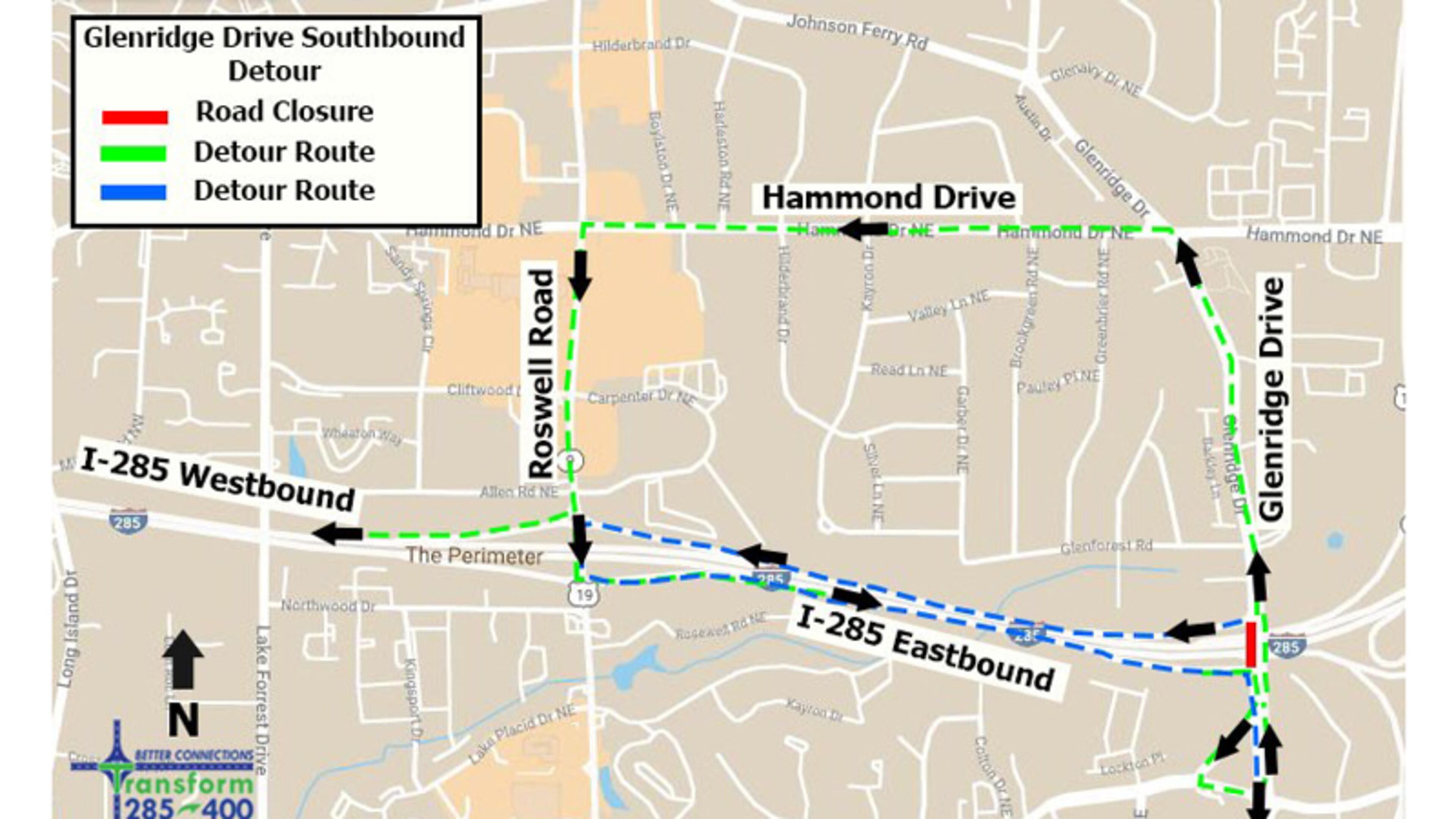 Map depicts the recommended detour when southbound Glenridge Drive is closed at I-285 in the Sandy Springs-Dunwoody area. GEORGIA DEPARTMENT OF TRANSPORTATION