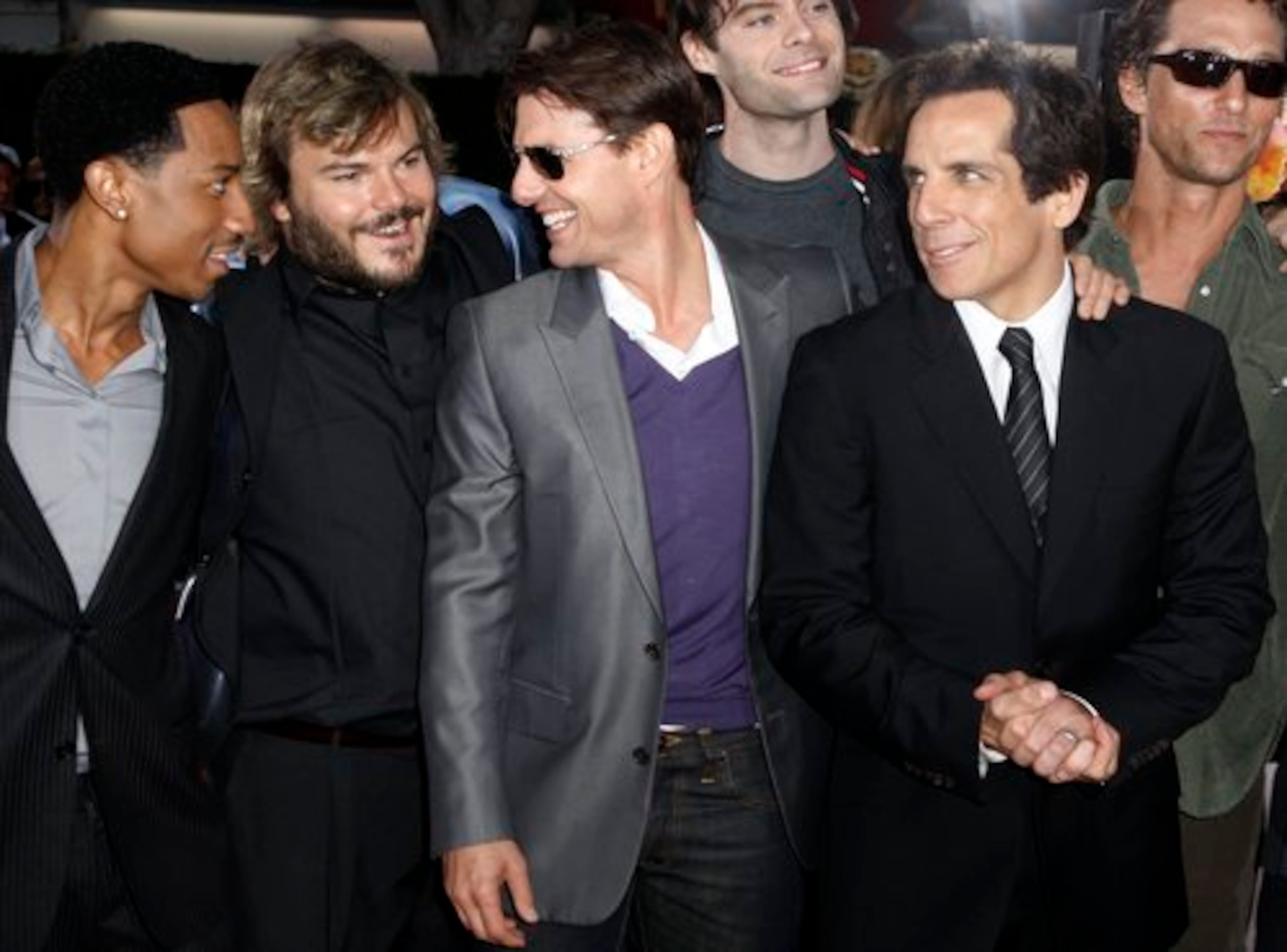 Cast members Brandon T. Jackson, Jack Black, Tom Cruise, Bill Hader, Ben Stiller, and Matthew McConaughey pose together at the premiere of "Tropic Thunder" in Los Angeles on Monday. It reaches theaters nationwide on August 13.