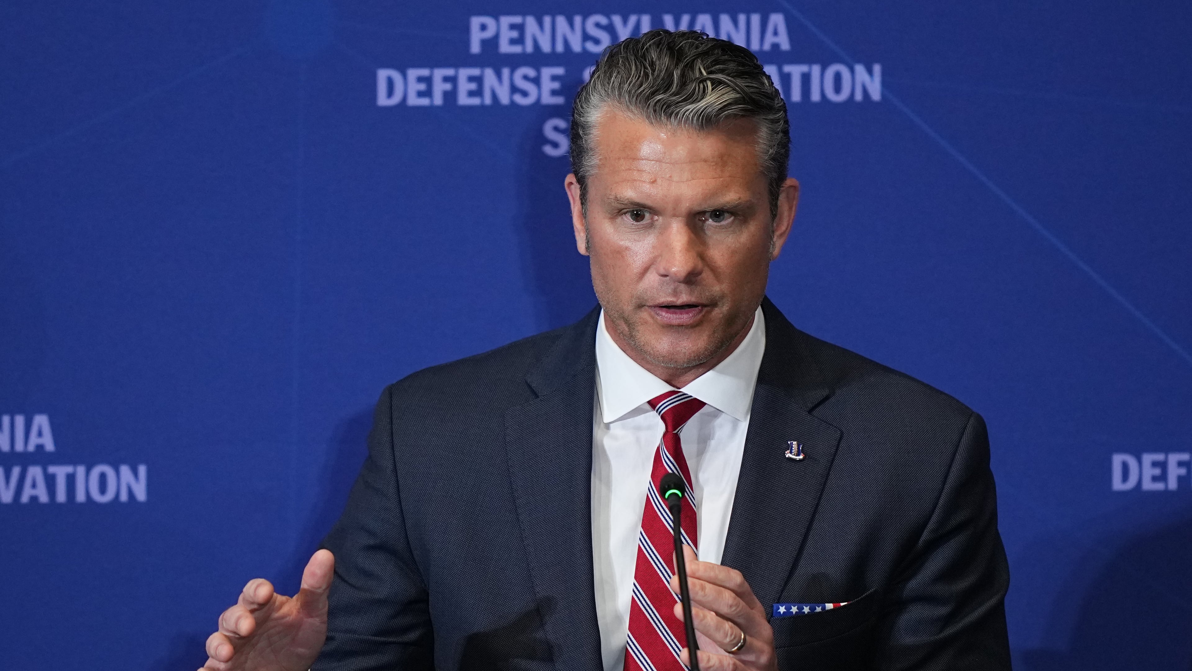Defense Secretary Pete Hegseth speaks at the United States Army War College in Carlisle, Pa., during the Pennsylvania Defense and Innovation Summit, Wednesday, July 15, 2026. (AP Photo/Matt Rourke)