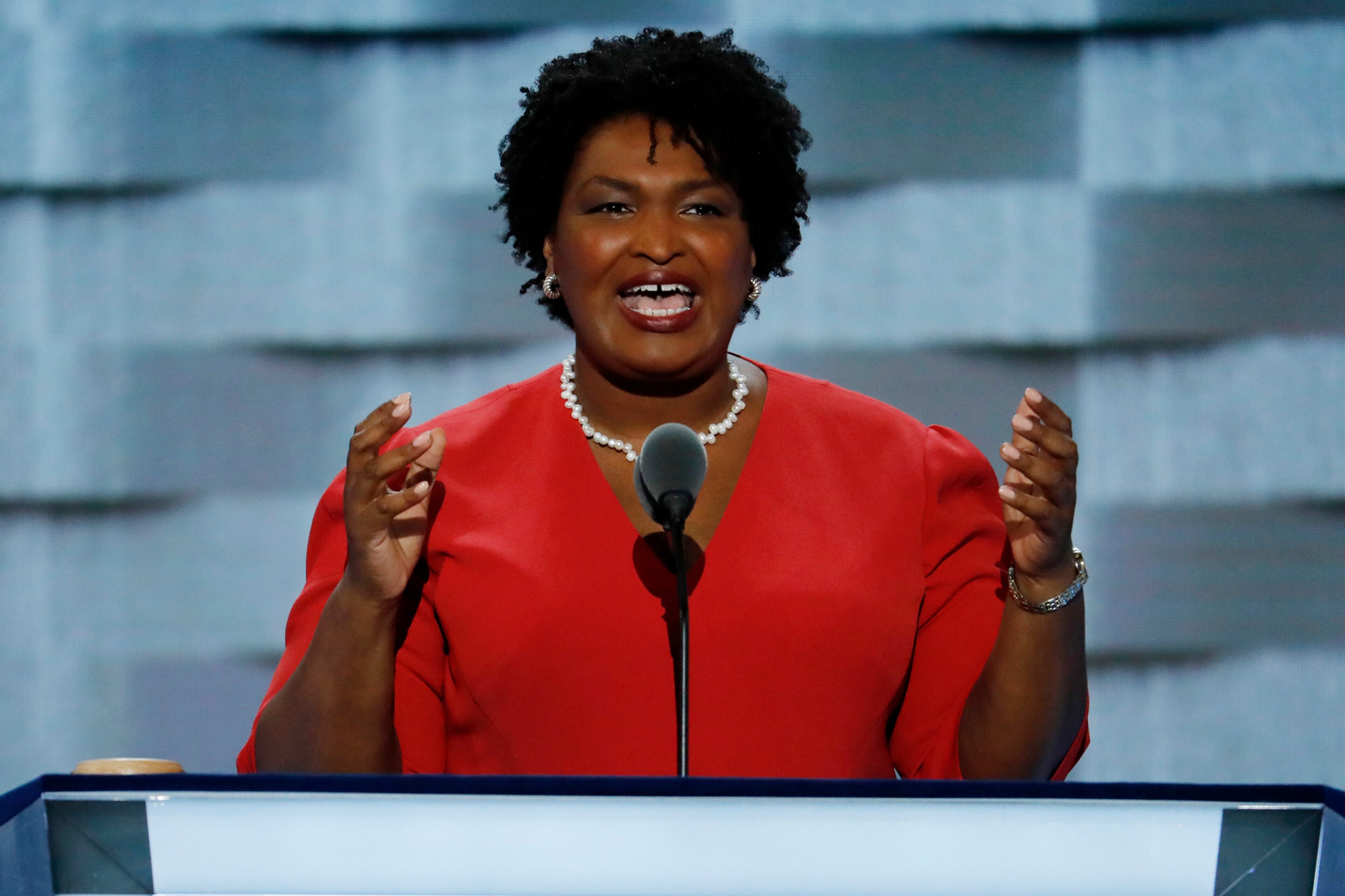 George House Minority Leader Stacey Abrams speaks during the first day of the Democratic National Convention in Philadelphia , Monday, July 25, 2016. (AP Photo/J. Scott Applewhite)