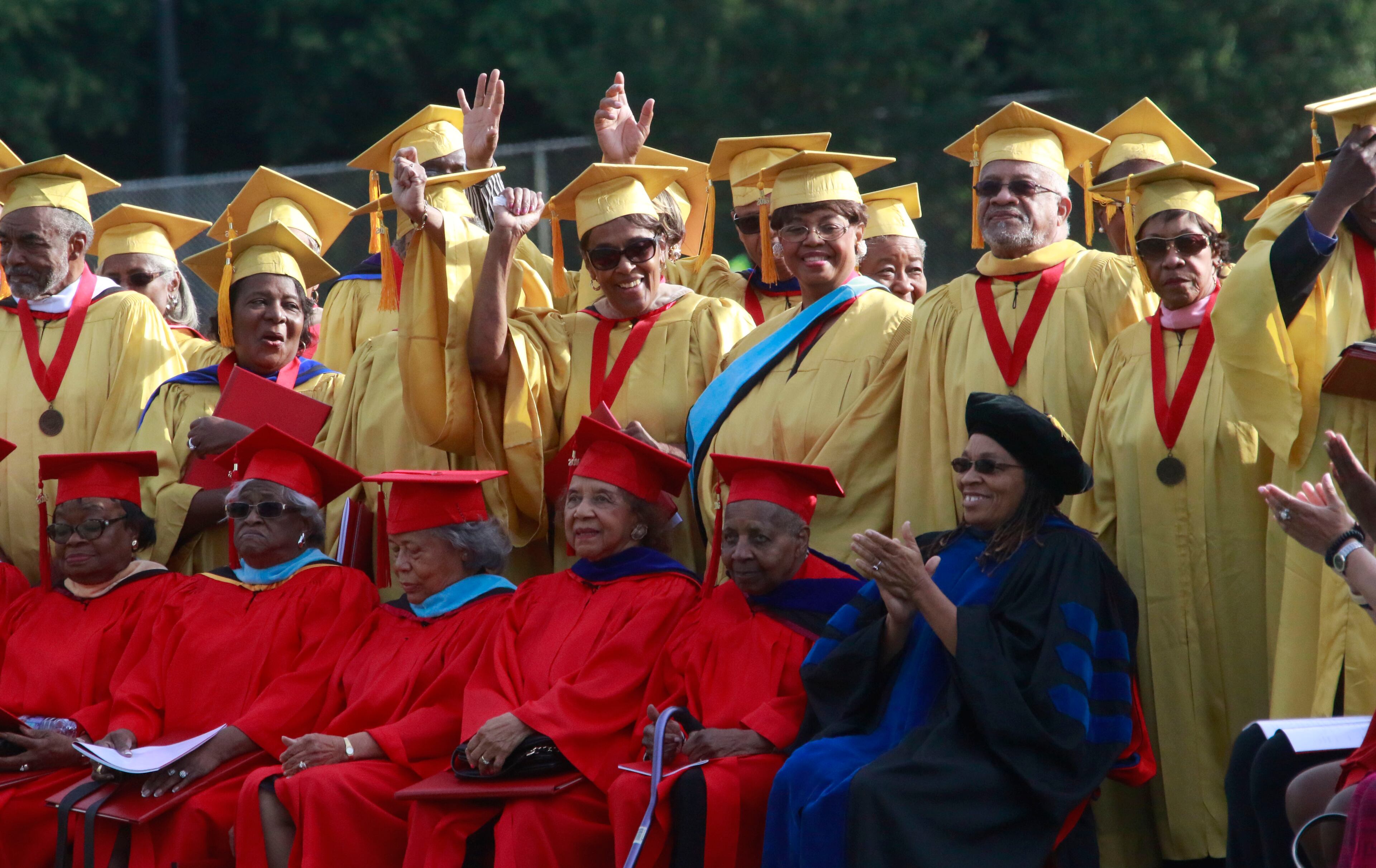 May 16, 2016 - Atlanta - Golden Sons and Daughters, members of the class of 1966, and other legacy alumni, including members from 1946, 1956 and 1961, are recognized. Clark Atlanta University class of 2016 filled Panther Stadium Monday morning for it's 27th annual Commencement Service. The keynote speaker was retired astronaut Mae Jemison, the first woman of color in Space. Honorary degrees were awarded to Hamilton Bohannon, a 1964 graduate of Clark College; Roland Carter; Congressman John Conyers, and Congressman Hank Johnson, a 1976 Clark College graduate. BOB ANDRES / BANDRES@AJC.COM