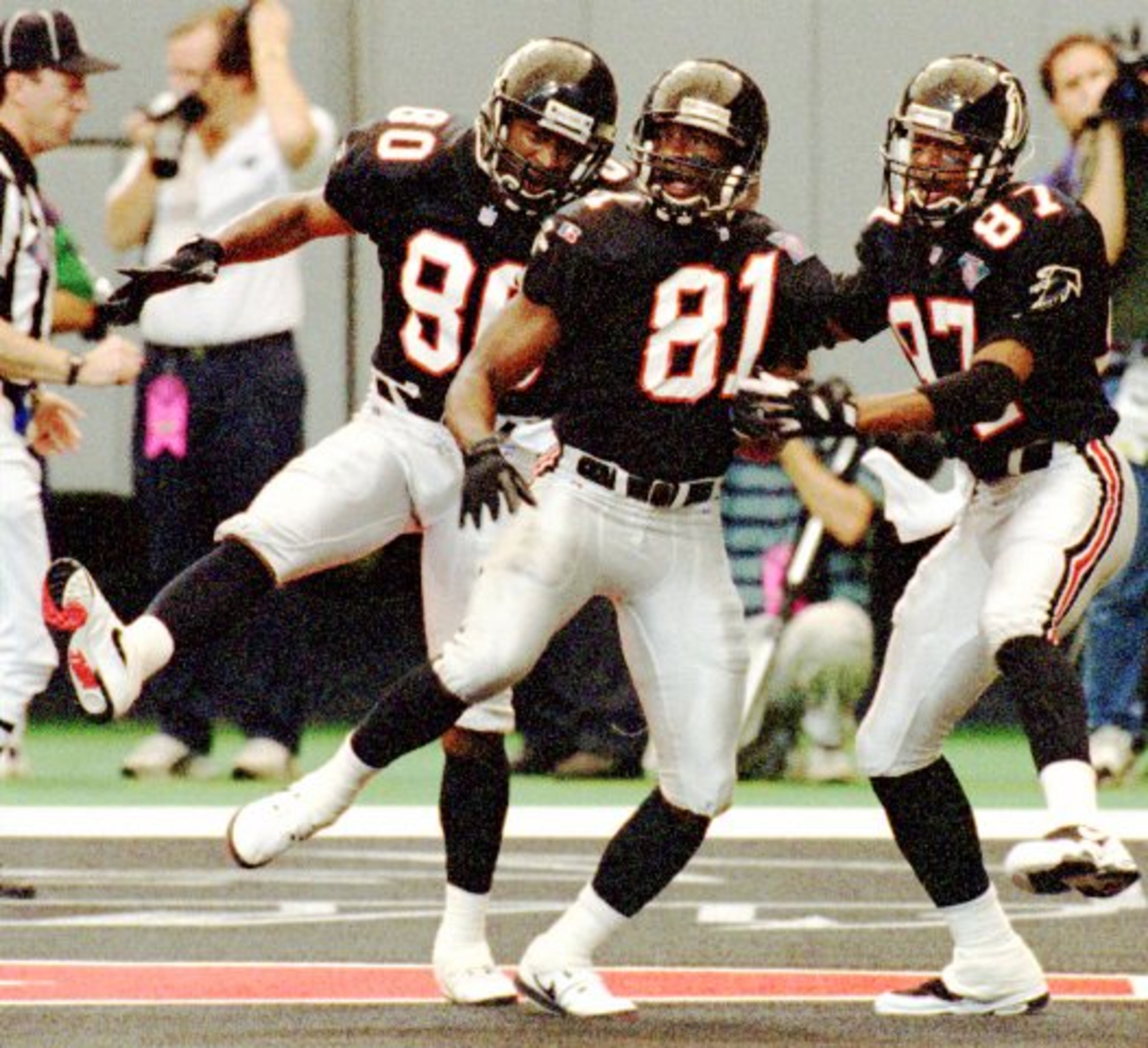 ADVANCE FOR WEEKEND OF NOV 12 13 Atlanta Falcons wide receivers Andre Rison 80 Terance Mathis 81 and Bert Emanuel 87 are all in step as they celebrate Mathis first half touchdown against the San Diego Chargers at the Georgia Dome in Atlanta Nov 6 1994 The Falcons won 10 9 AP Photo Ric Feld