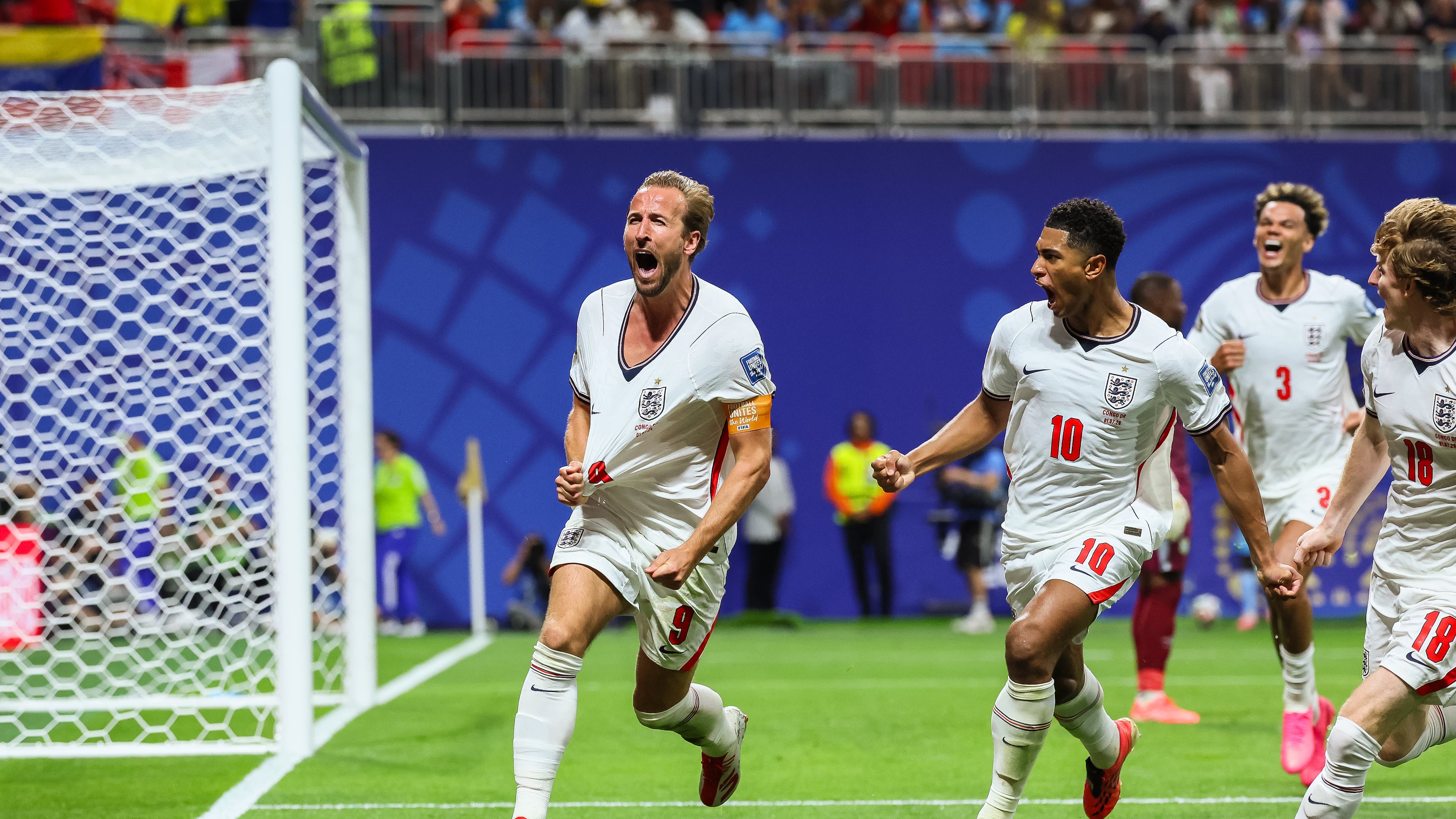England forward Harry Kane (9) reacts after scoring against Congo during the second half of a FIFA World Cup round of 32 match at Atlanta Stadium (Mercedes-Benz Stadium) on Wednesday, July 1, 2026, in Atlanta. England defeated Congo 2-1 to advance. (Jason Getz/AJC)