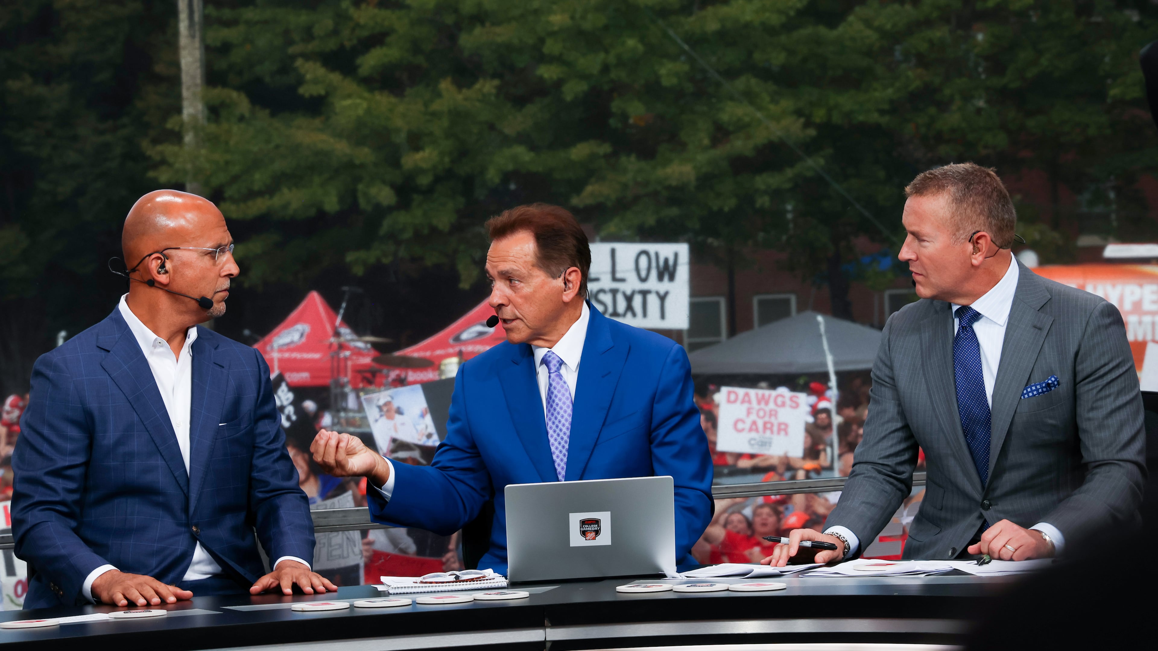 Former Penn State head coach James Franklin (left) talks with Nick Saban and Kirk Herbstreit during the ESPN College GameDay broadcast from Myers Quad at UGA on Saturday, October 18, 2025. (C.J. Bartunek for the AJC)