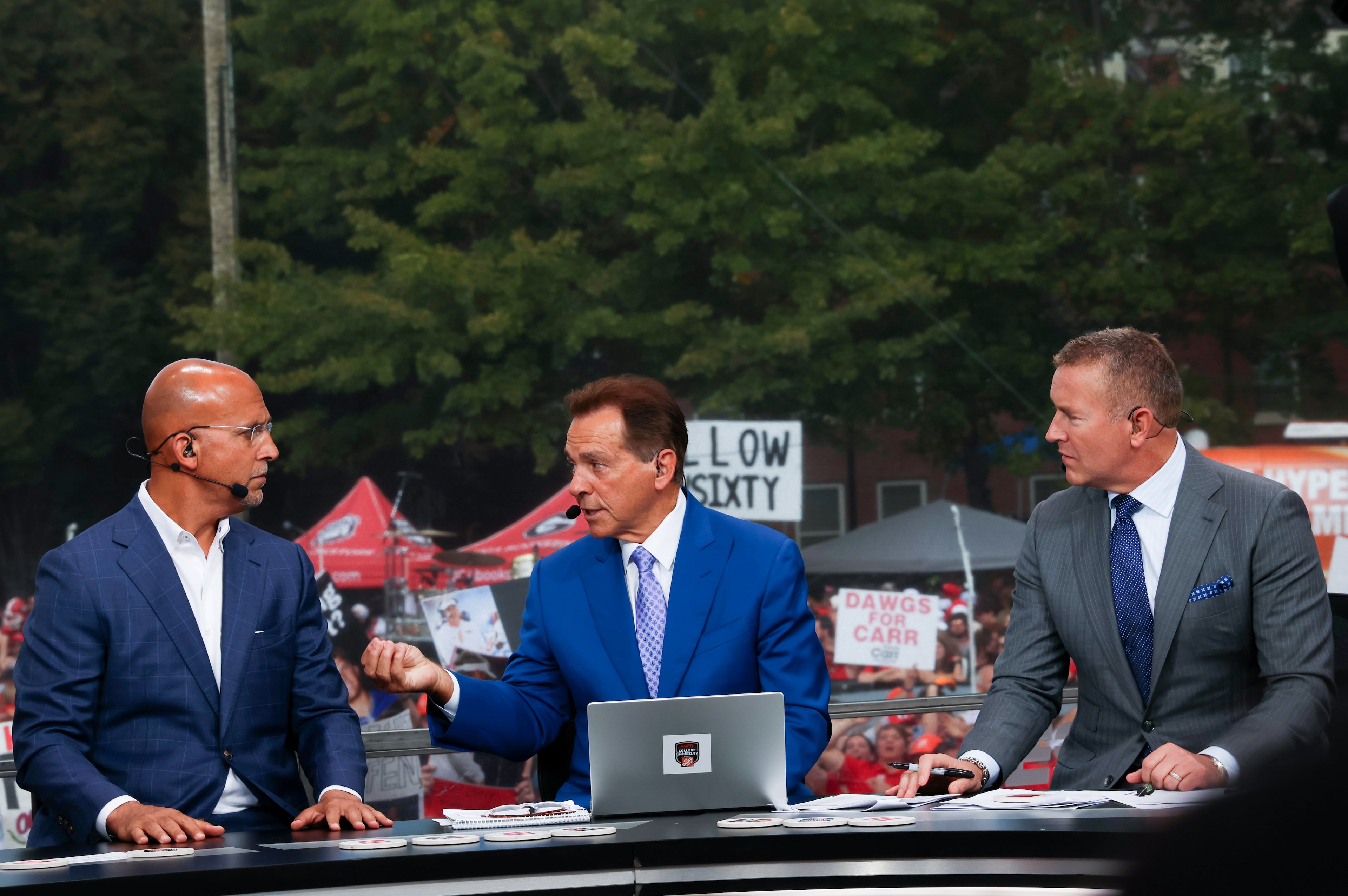Former Penn State head coach James Franklin (left) talks with Nick Saban and Kirk Herbstreit during the ESPN College GameDay broadcast from Myers Quad at UGA on Saturday, October 18, 2025. (C.J. Bartunek for the AJC)