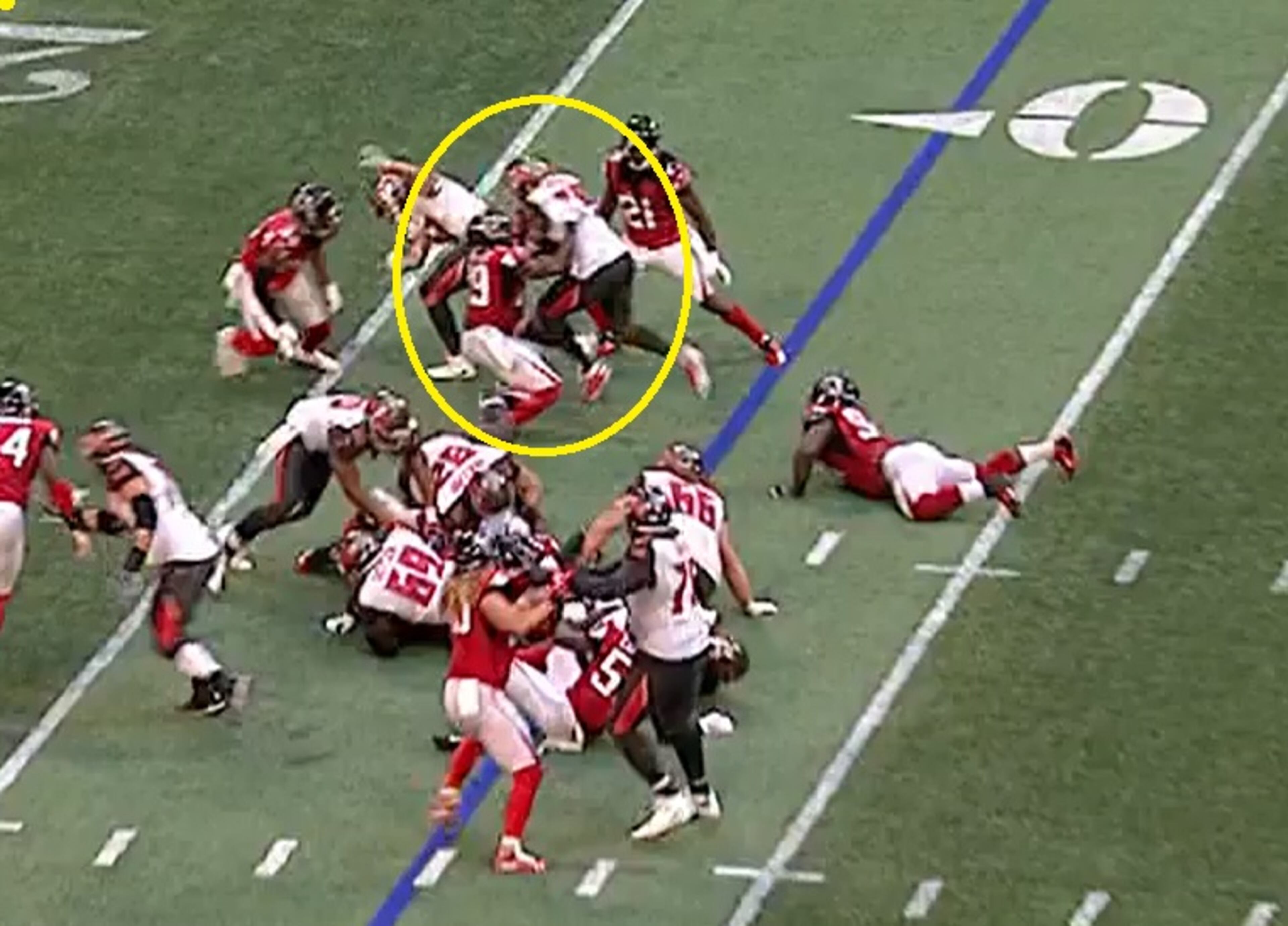 Falcons strong safety Jordan Richards meets Peyton Barber in the hole, but gets ran over and takes out Brian Poole in the process. The box safety is supposed to deliver the blows. Not take them.