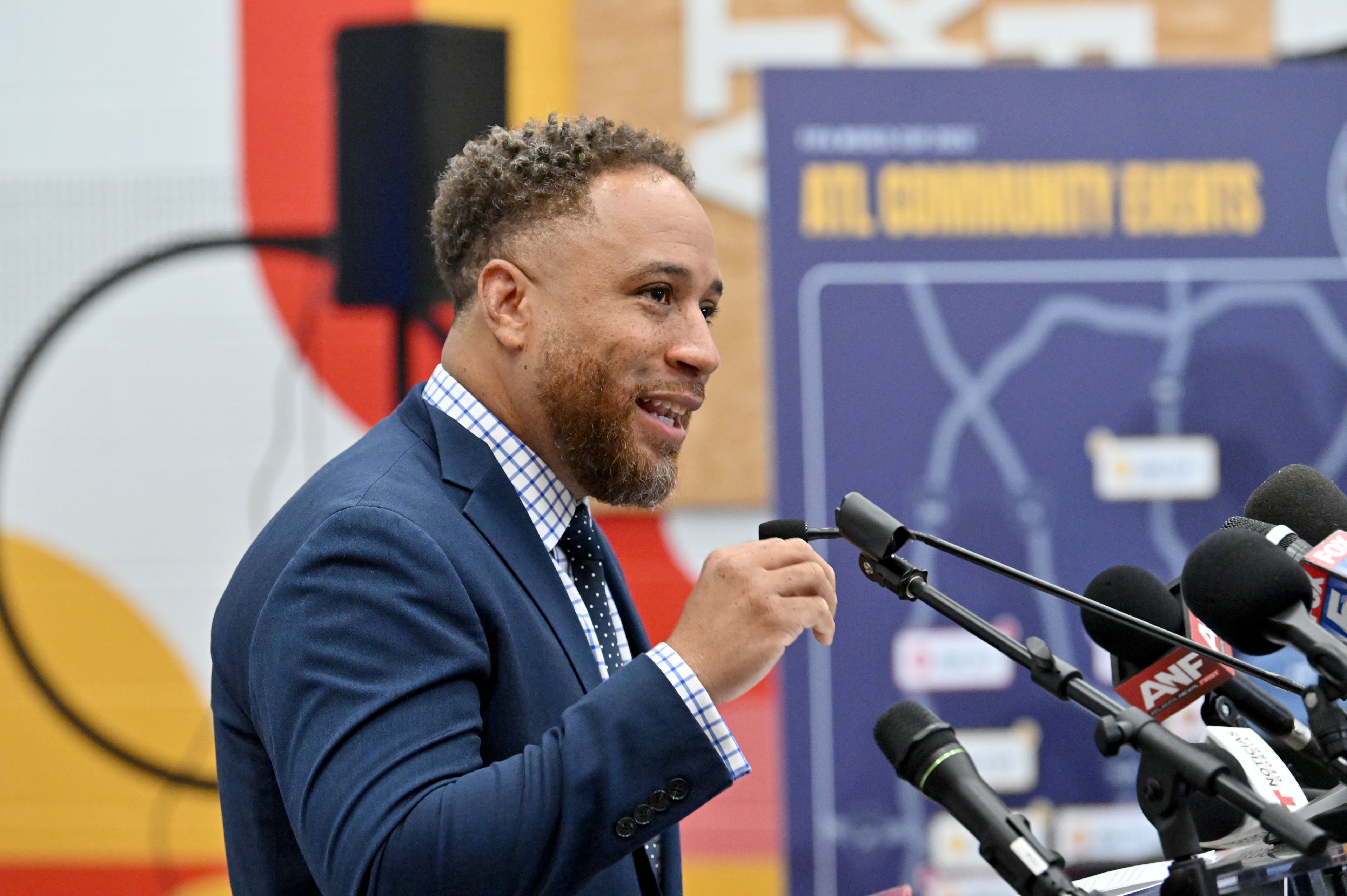 Lamar Stewart, interim executive director of Showcase Atlanta, speaks during a press conference providing an operational and programming update for the city’s World Cup matches at the C.T. Martin Natatorium and Recreation Center on Tuesday, June 9, 2026, in Atlanta. (Hyosub Shin/AJC)