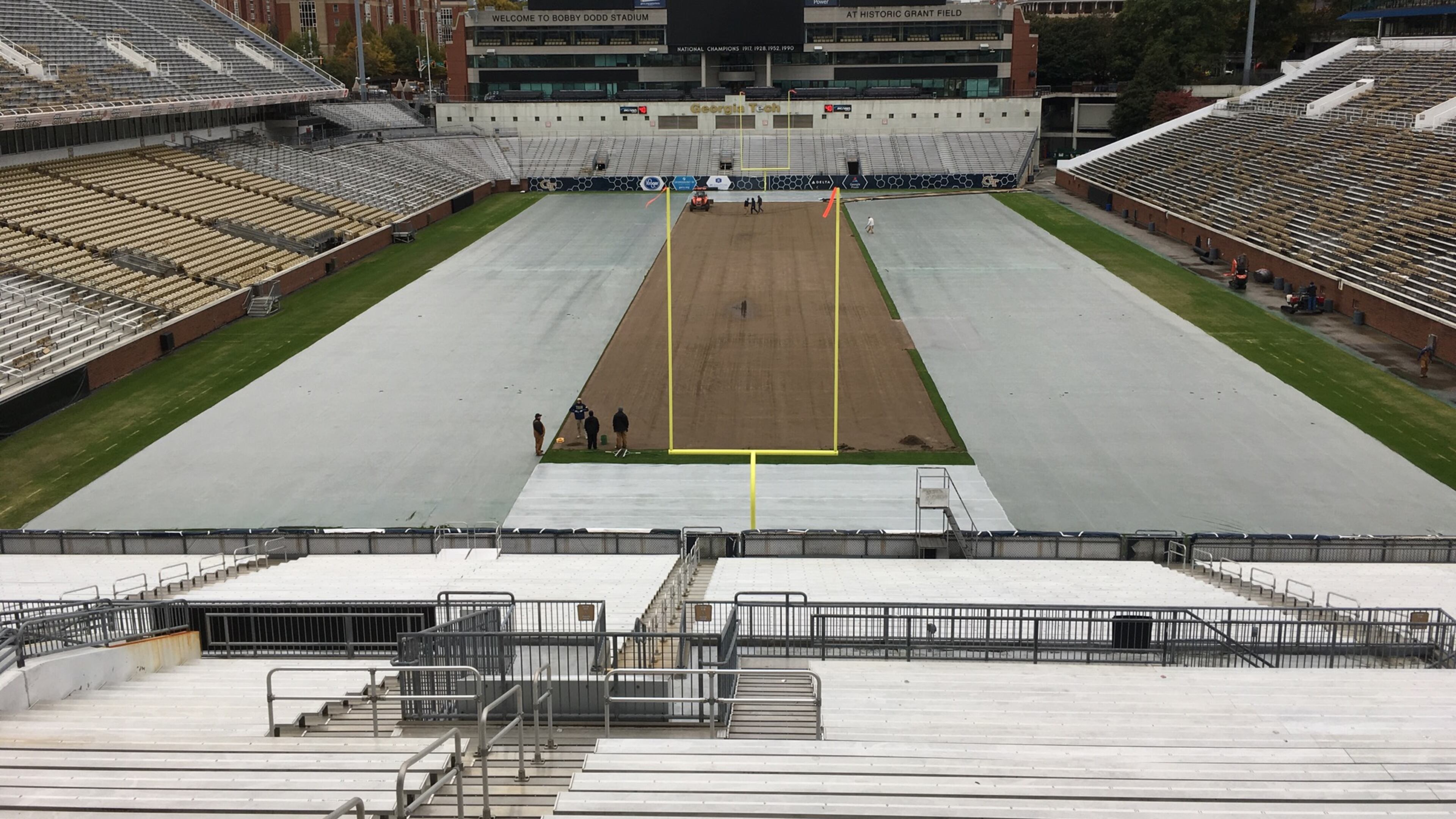 The center of Bobby Dodd Stadium's natural grass field was replaced with new sod on November 11-12, 2019 to prepare for three games in consecutive weeks. (Ken Sugiura/AJC)