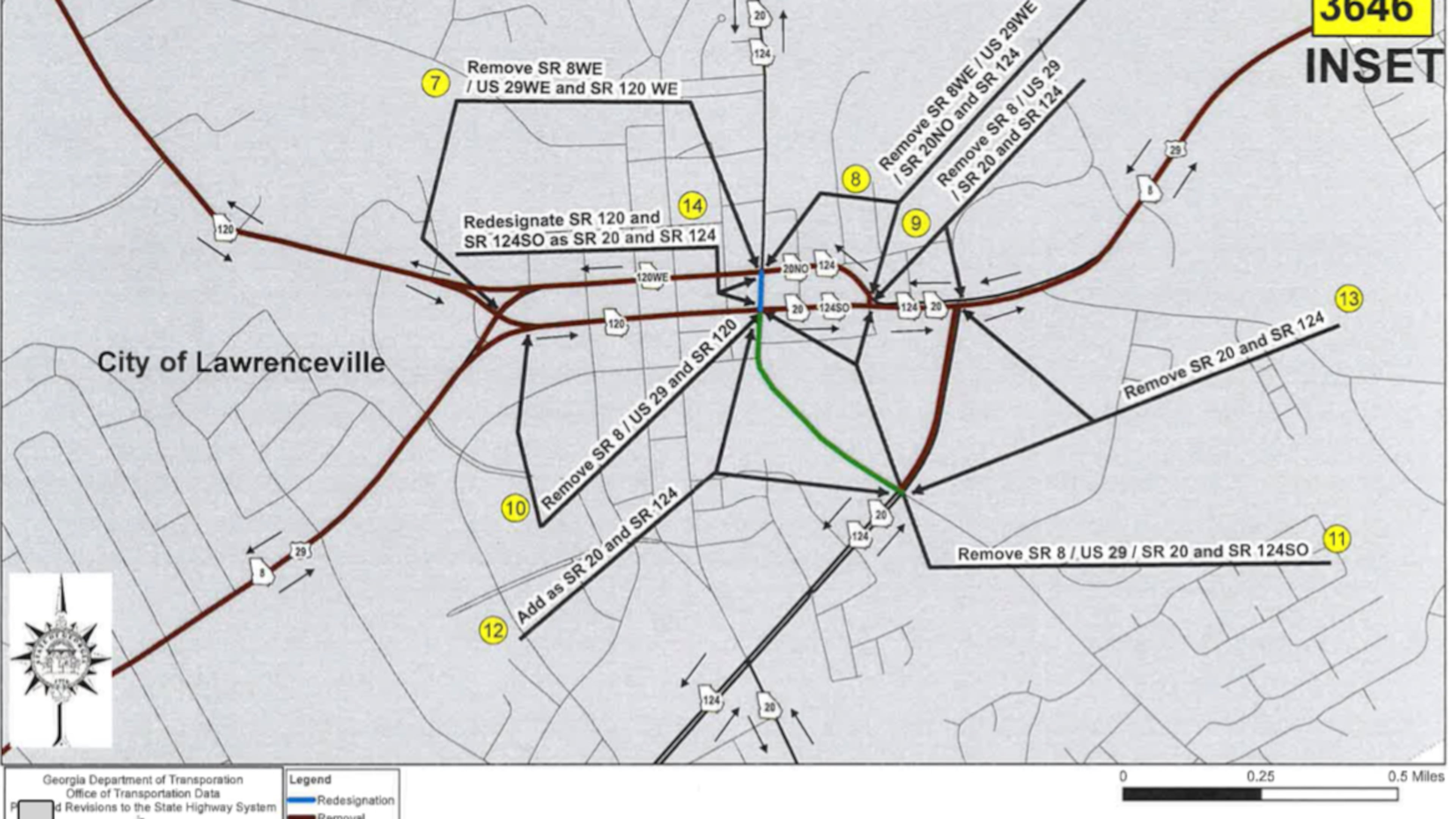 Lawrenceville is considering moving five state and U.S. highway routes away from downtown streets. The proposed changes would remove the designations for U.S. Highway 29 and GA Highway 8, 120, 20 and 124 from Pike and Crogan Streets to Jackson Street and Lawrenceville-Suwanee Road. Courtesy City of Lawrenceville