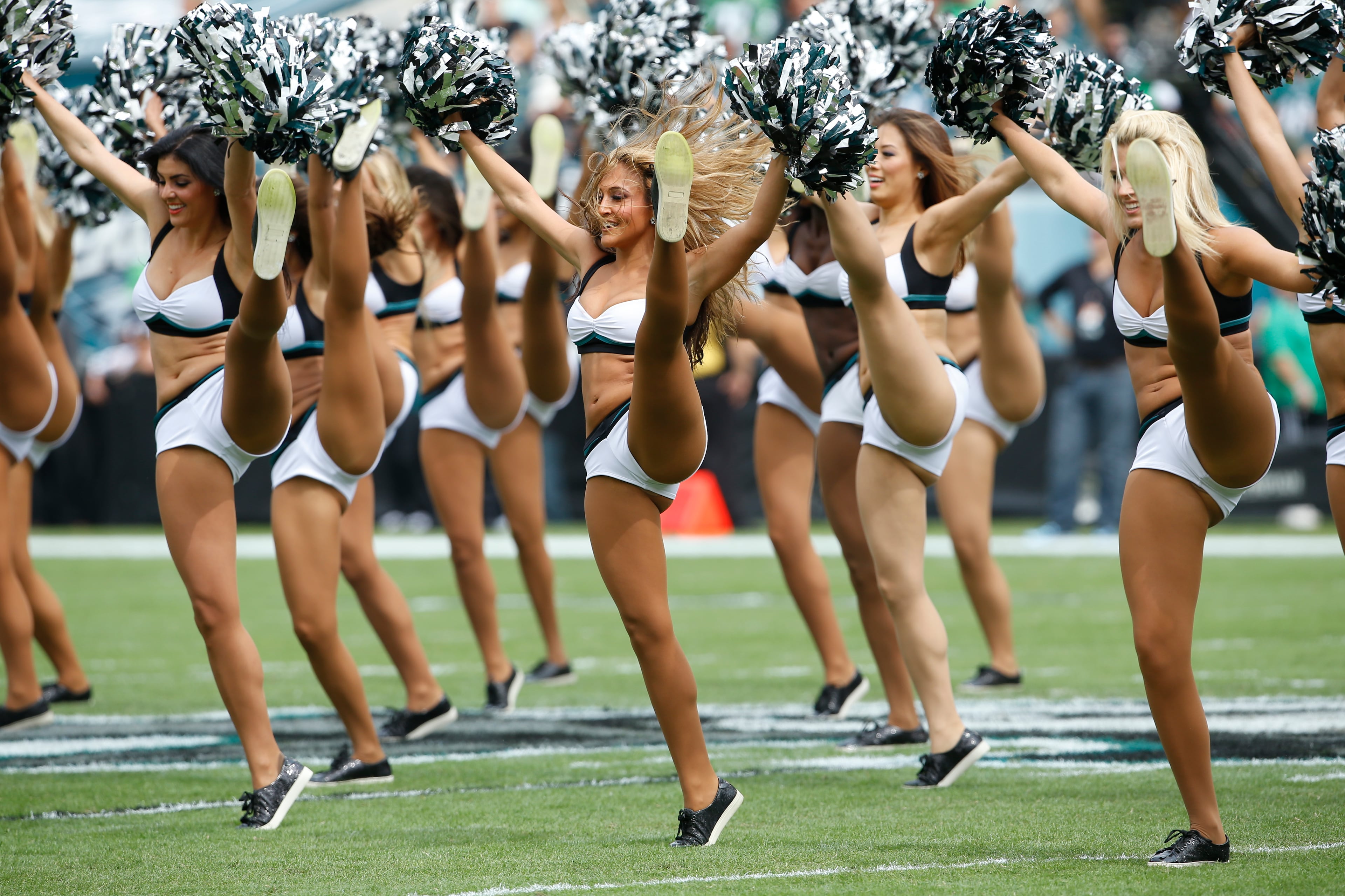 Philadelphia Eagles cheerleaders perform prior to an NFL football game between the Eagles and the Washington Redskins, Sunday, Sept. 21, 2014, in Philadelphia. (AP Photo/Michael Perez)