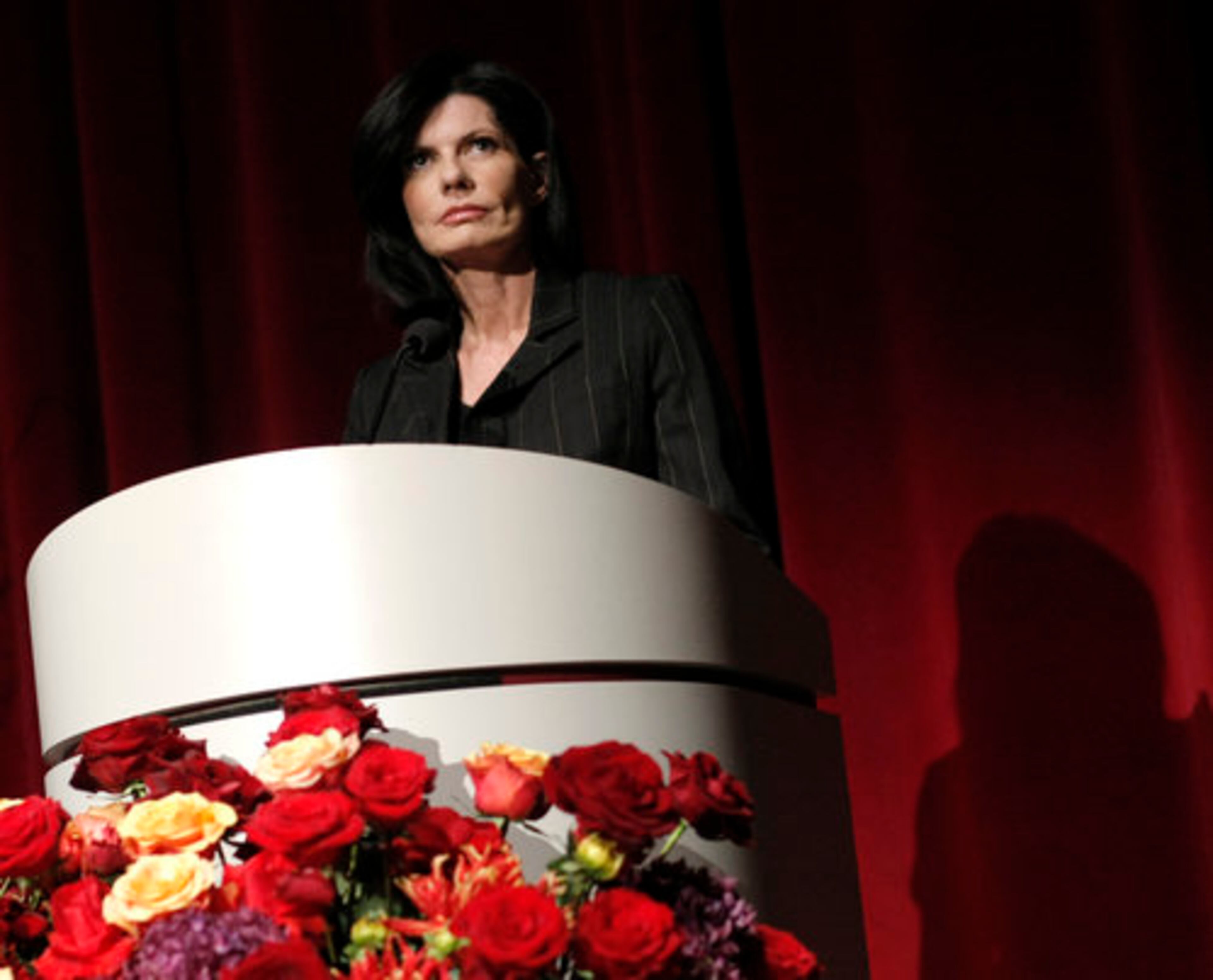 HONORING ED McMAHON: Pam McMahon, wife of the late Ed McMahon, speaks at the memorial service.