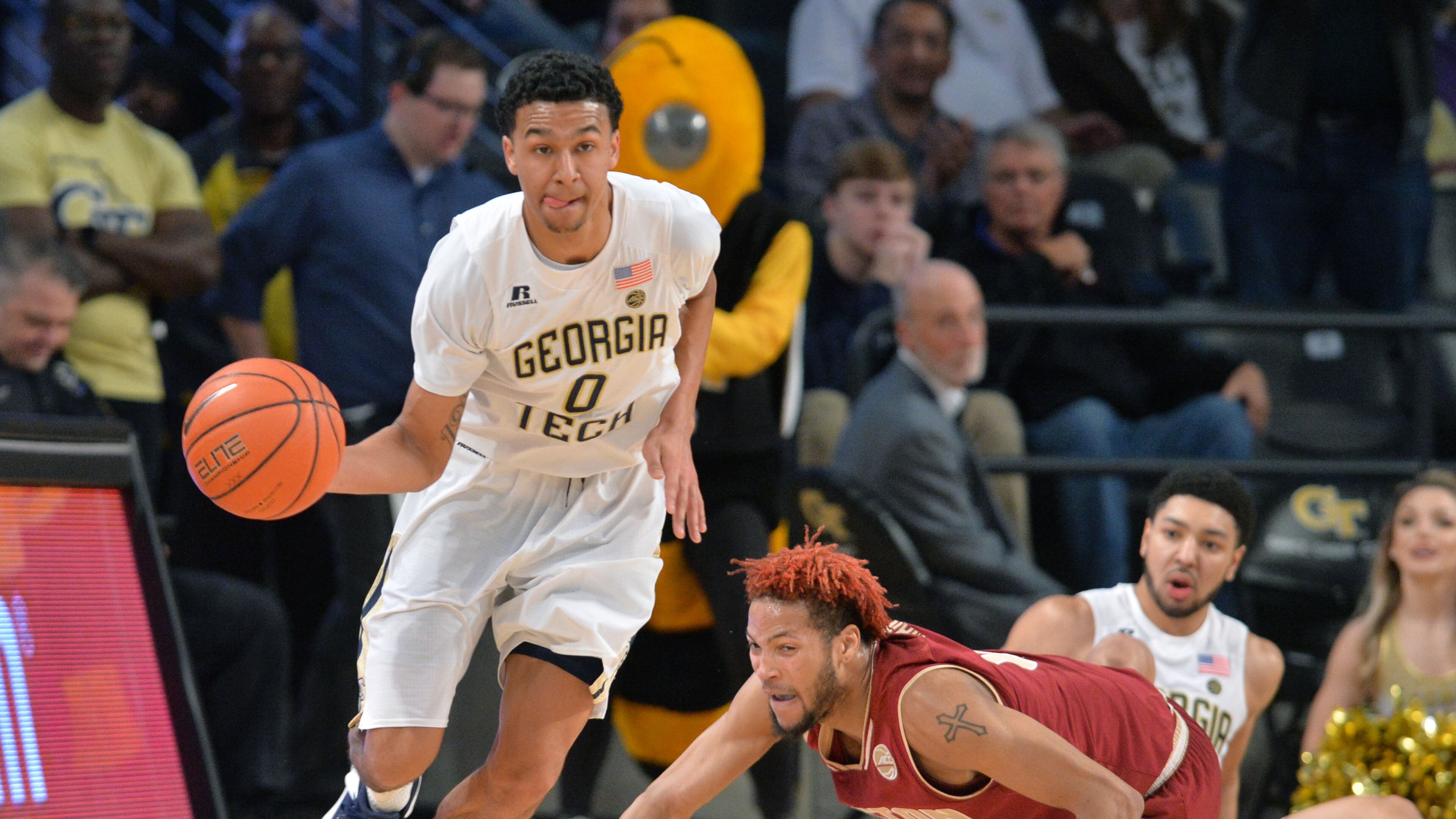February 11, 2017 Atlanta - Georgia Tech's guard Justin Moore (0) brings the ball upcourt past Boston College's guard Ky Bowman (0) in a basketball game at McCamish Pavilion on Saturday, February 11, 2017. Georgia Tech won 65 - 54 over the Boston College. HYOSUB SHIN / HSHIN@AJC.COM