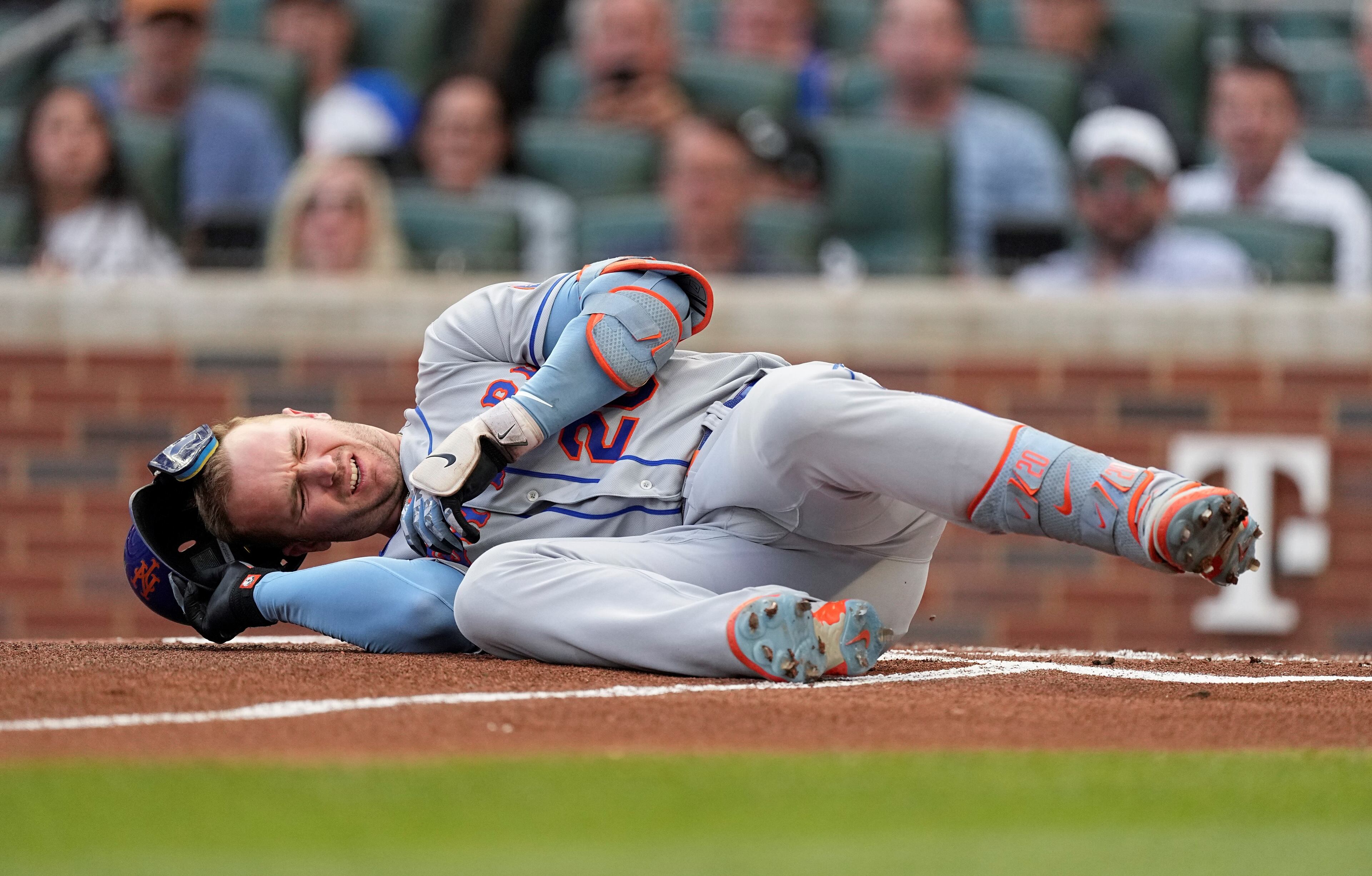 Mets first baseman Pete Alonso reacts after being hit by a pitch from Atlanta Braves starting pitcher Charlie Morton in the first inning of Wednesday's game in Atlanta.