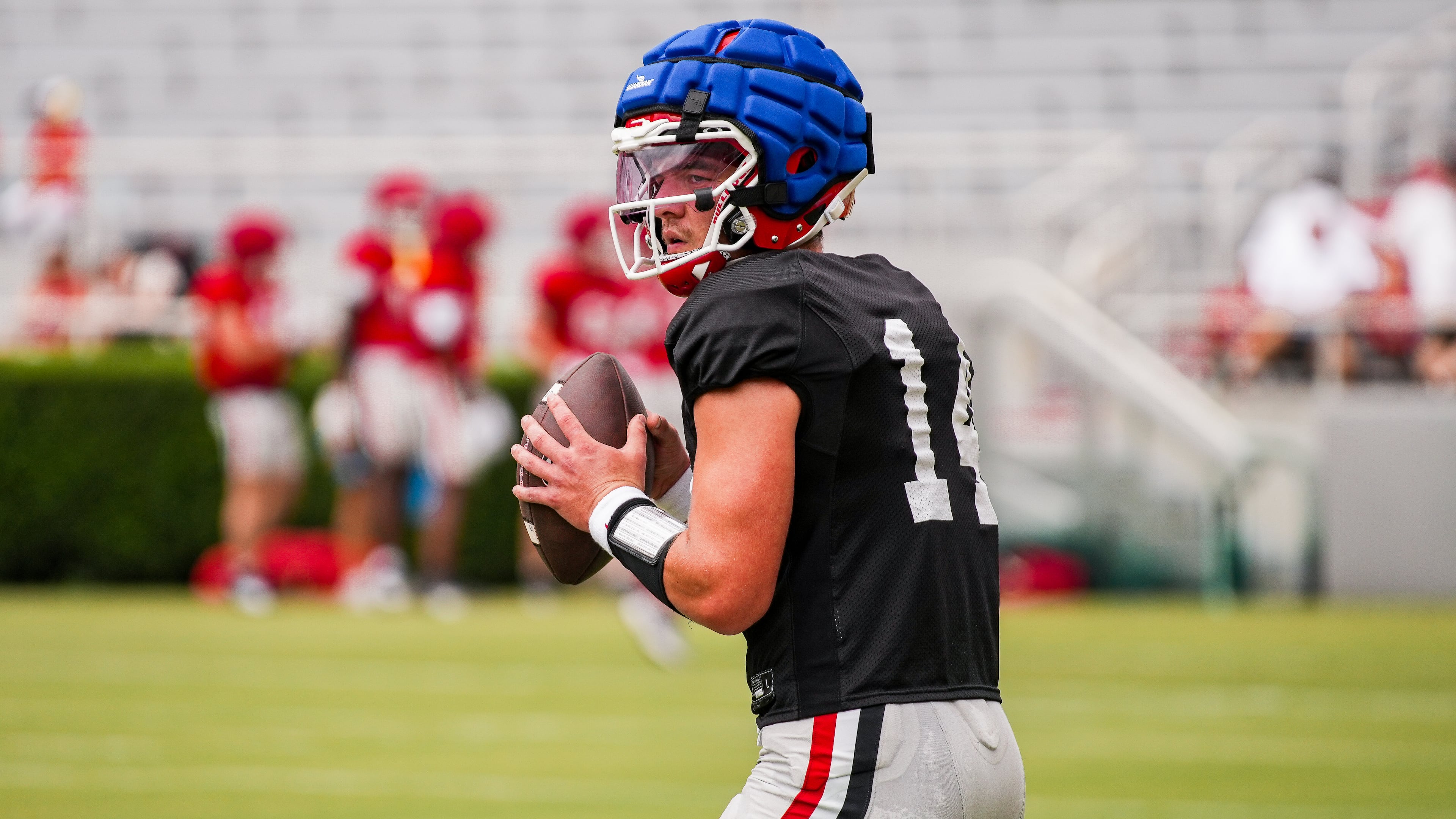 Georgia quarterback Gunner Stockton practices on Dooley Field at Sanford Stadium on Saturday, Aug. 9, 2025, in Athens. Preparing to be the new starting quarterback is not a new sensation for Stockton. (Tony Walsh/UGAAA)