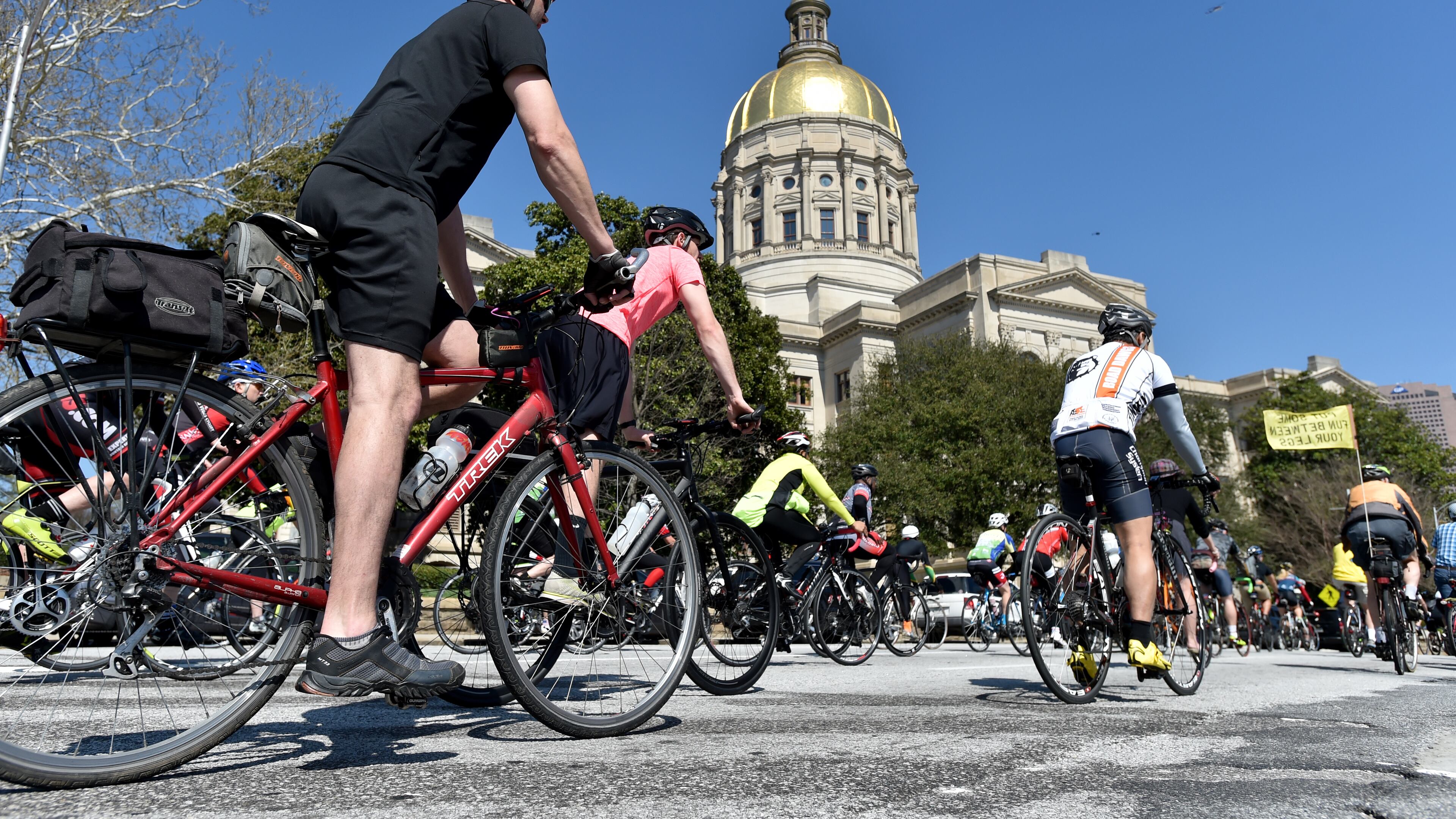 March 24, 2015 Atlanta: The 10th Annual Georgia Rides to the Capitol Tuesday March 24, 2015. An estimated 1000 bike riders took part in the annual event to raise support for a regional bike and pedestrian network linking metro Atlanta cities and creating cycling connections focused around major transit facilities, activity centers and schools. The ride originated in two locations, Roswell City Hall and s shorter route starting in Decatur. BRANT SANDERLIN/BSANDERLIN@AJC.COM
