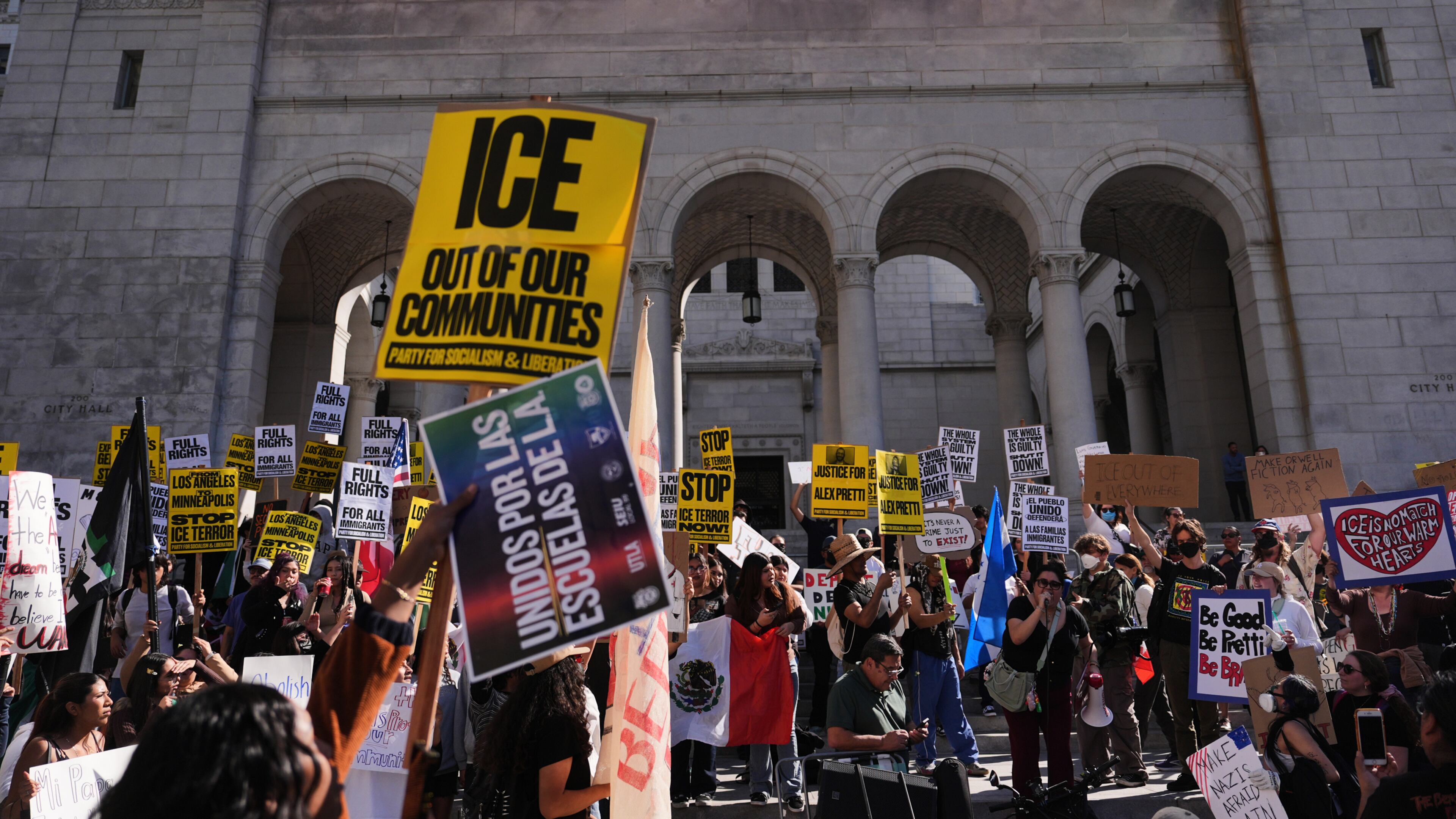 FILE - People gather on the steps of Los Angeles City Hall during a protest on Jan. 30, 2026 in Los Angeles. (AP Photo/Jae C. Hong, File)