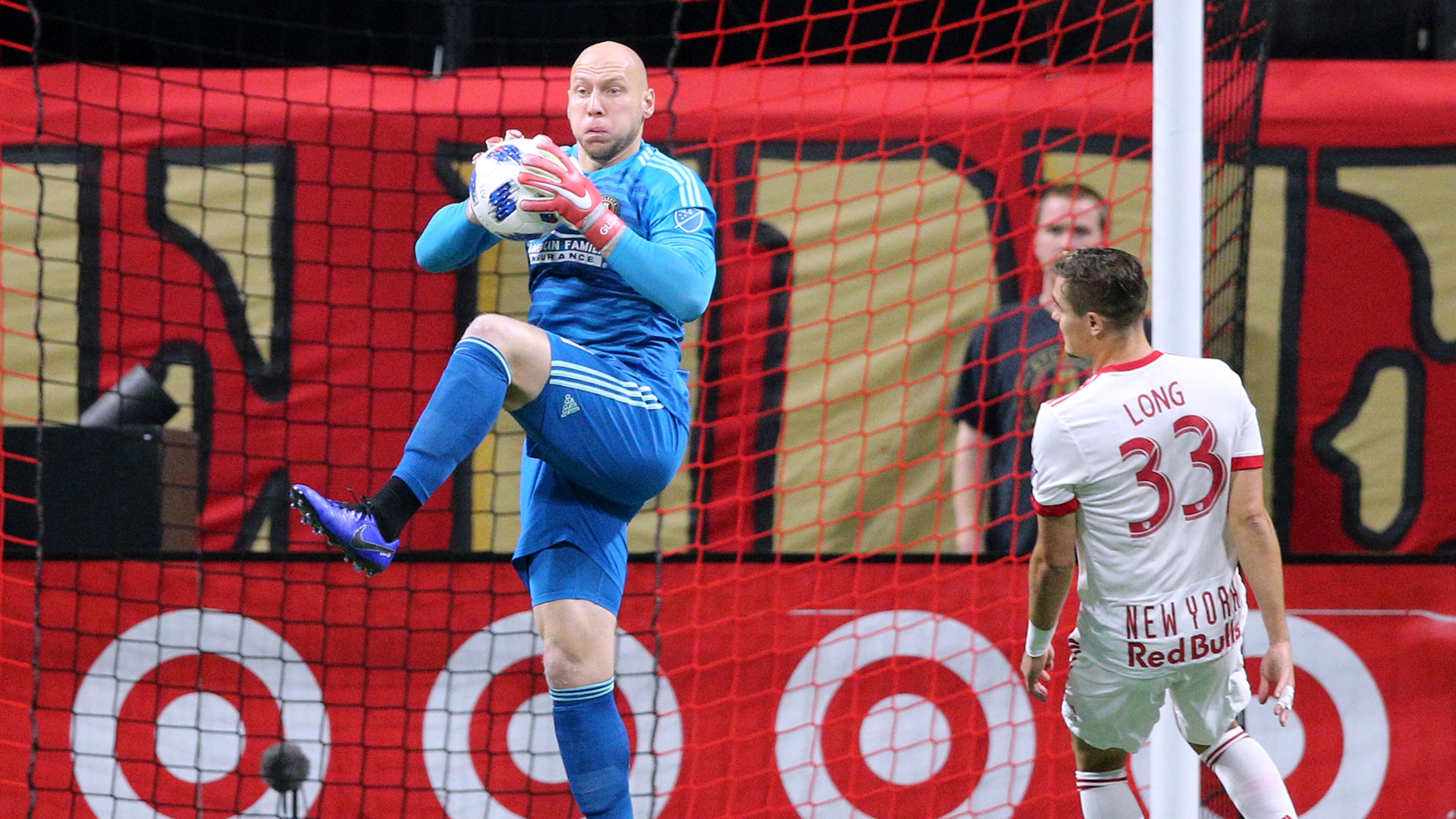 Nov 25, 2018 Atlanta: Atlanta United goalkeeper Brad Gazan blocks a shot on goal against the New York Red Bulls during a 3-0 victory in their Eastern Conference finals MLS soccer game on Sunday, Nov. 25, 2018, in Atlanta. Curtis Compton/ccompton@ajc.com