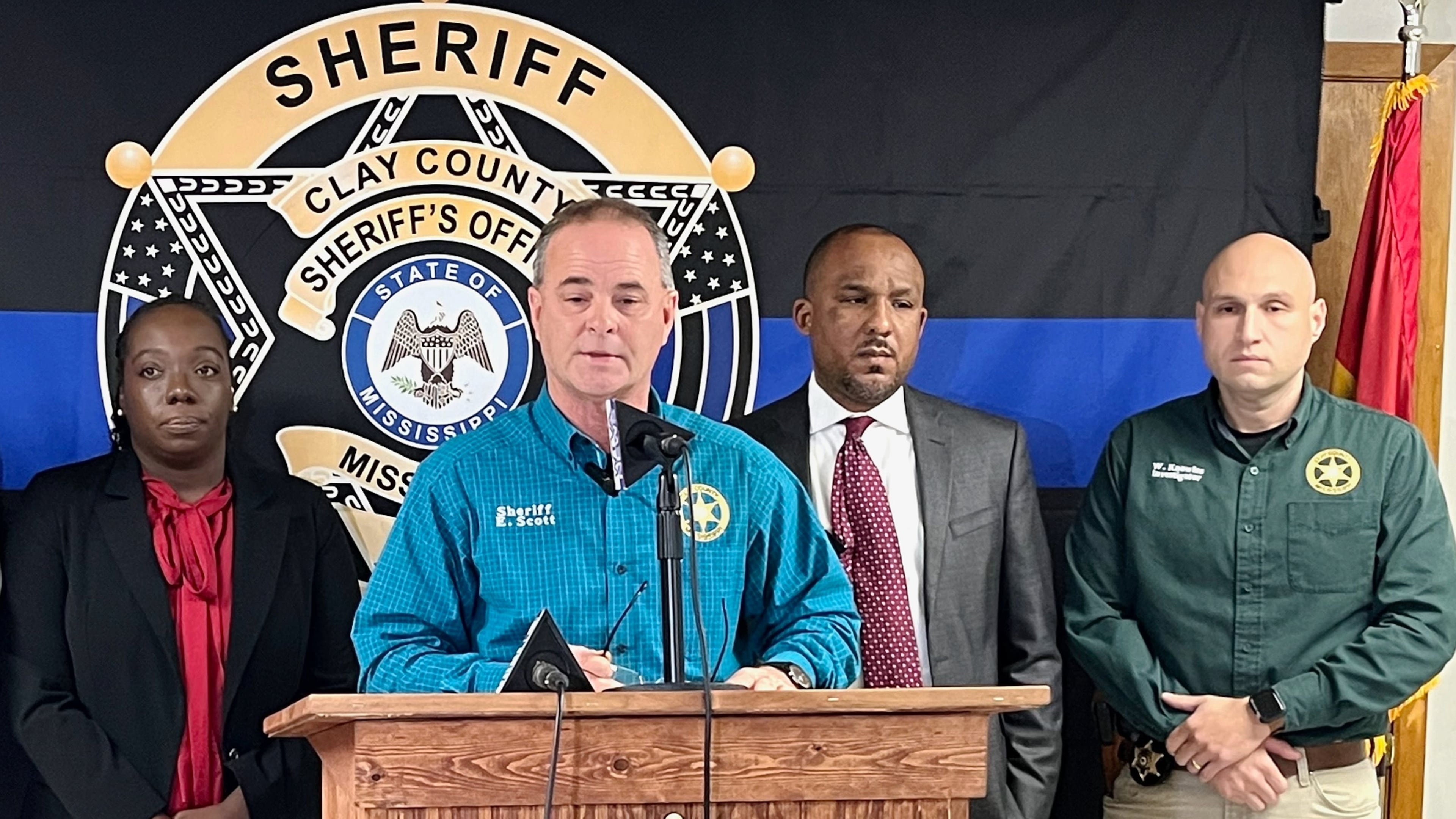 Clay County Sheriff Eddie Scott speaks at a news conference in West Point, Miss., on Saturday, Jan, 10, 2026, following fatal Friday night shootings at three locations. (William Moore/The Northeast Mississippi Daily Journal via AP)