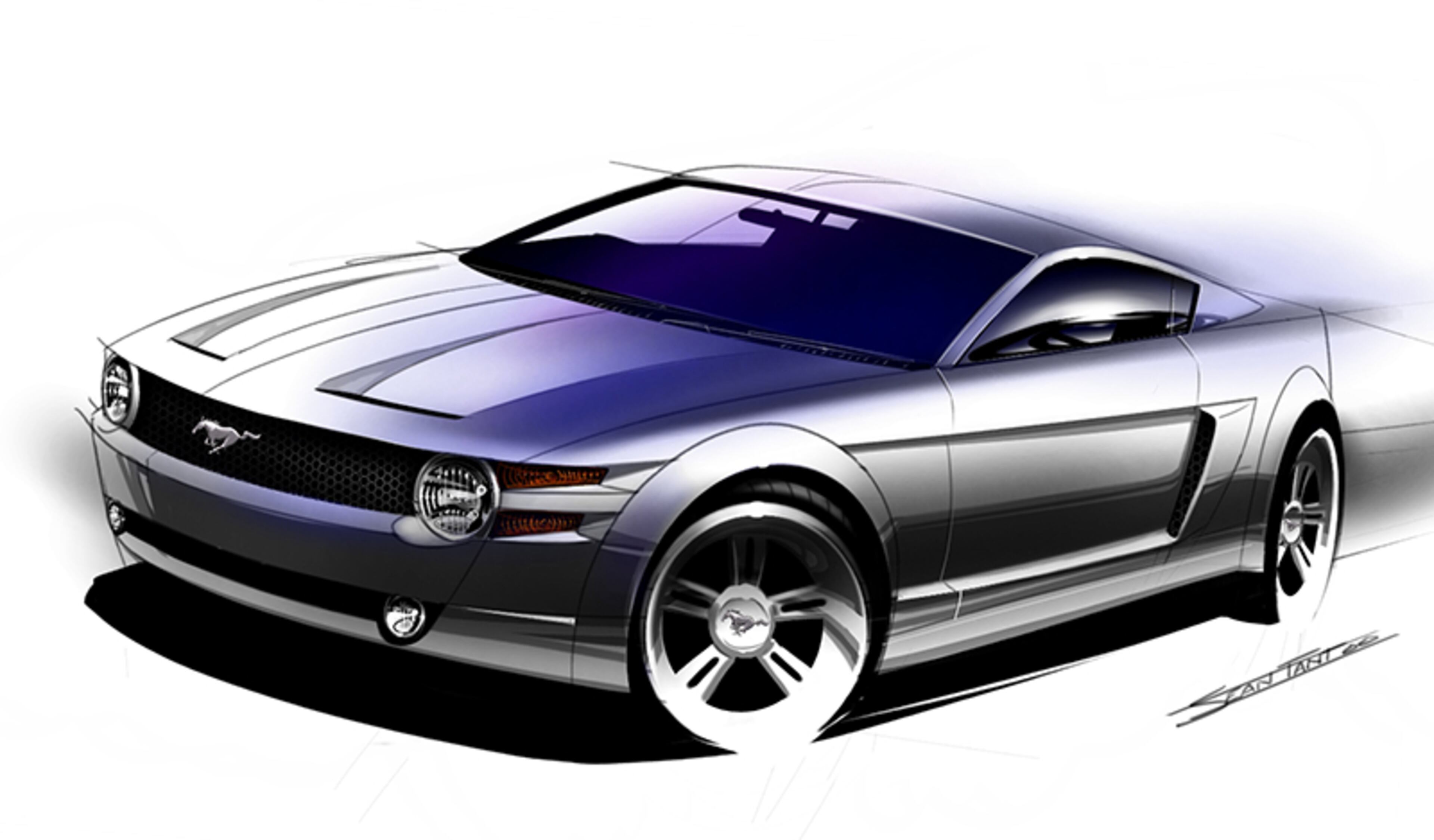 A mid-2000 sketch that finally begins to show a look that is very clearly Mustang. Here we see the first real hints of the 2005 Mustang. The twin horizontal turn-signals adjacent to the headlamps evoke the 1970 Mustang, an idea that would reappear in 2013 with the LED signature lighting.